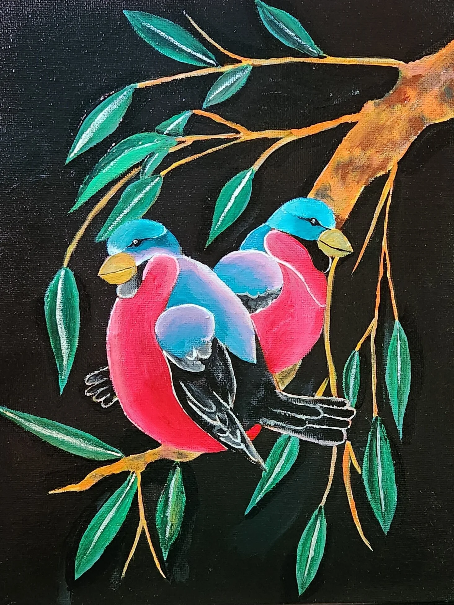 Colorful painting of two small birds with blue heads and pink bodies perched on a branch of green leaves, set against a black background.
