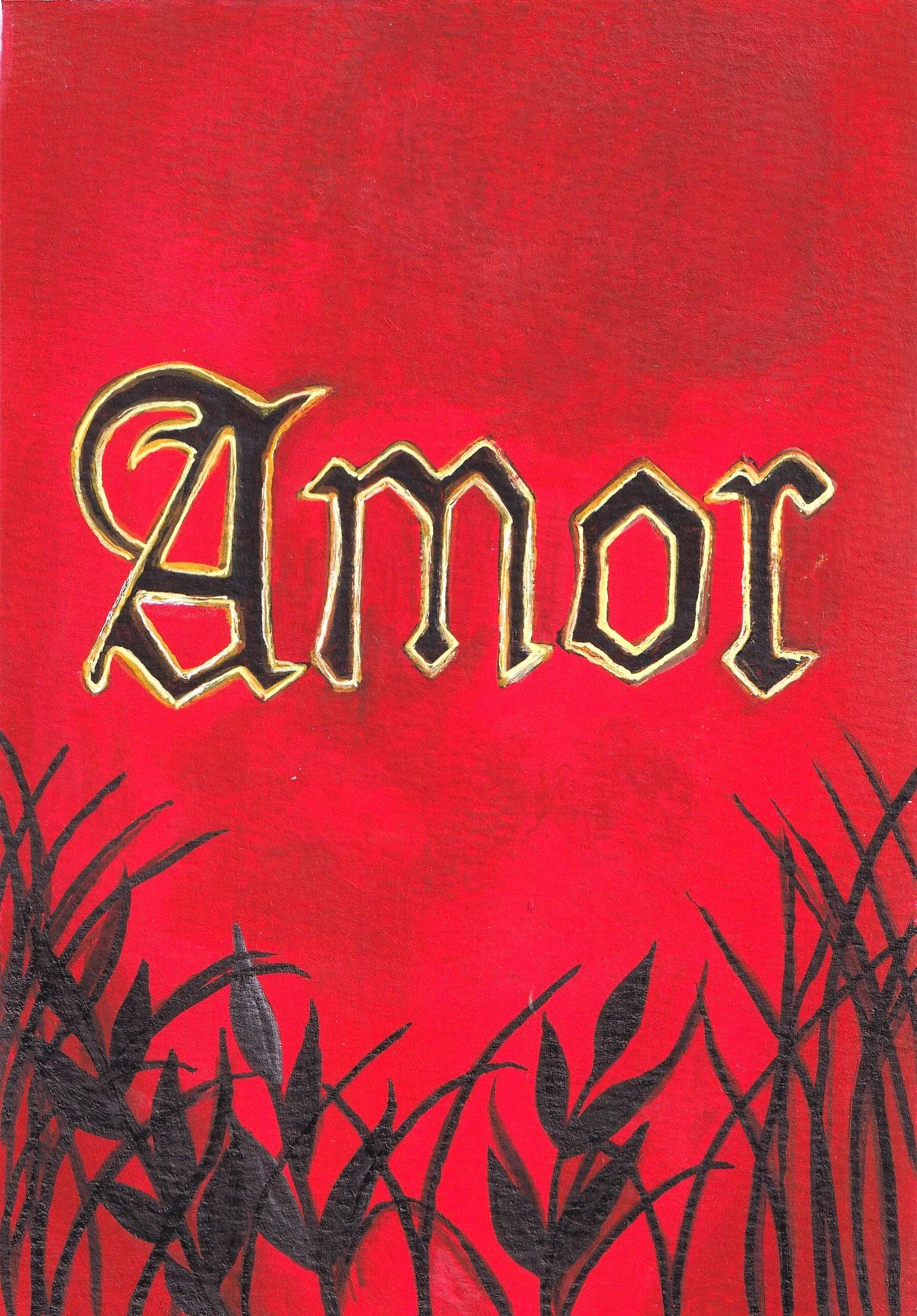 Close-up of a red background with black plant silhouettes and the word 'End' written in black and gold gothic-style lettering.