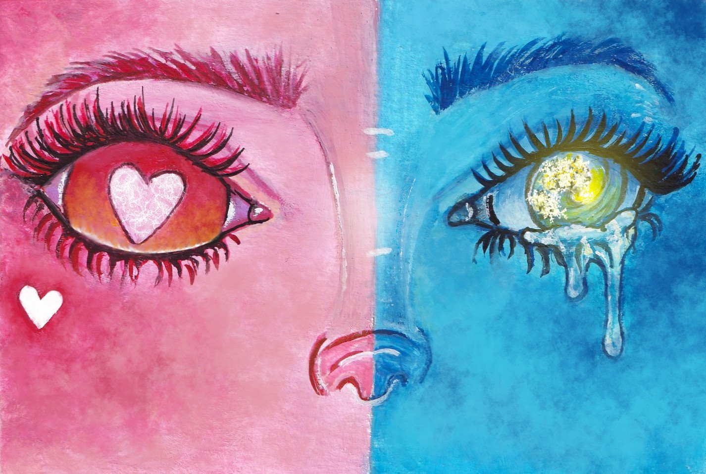 Artwork of two human eyes side by side; the left eye is pink with a heart-shaped pupil and a smaller white heart below, while the right eye is blue with a glowing, yellowish-green circular iris that appears to be melting or dripping.