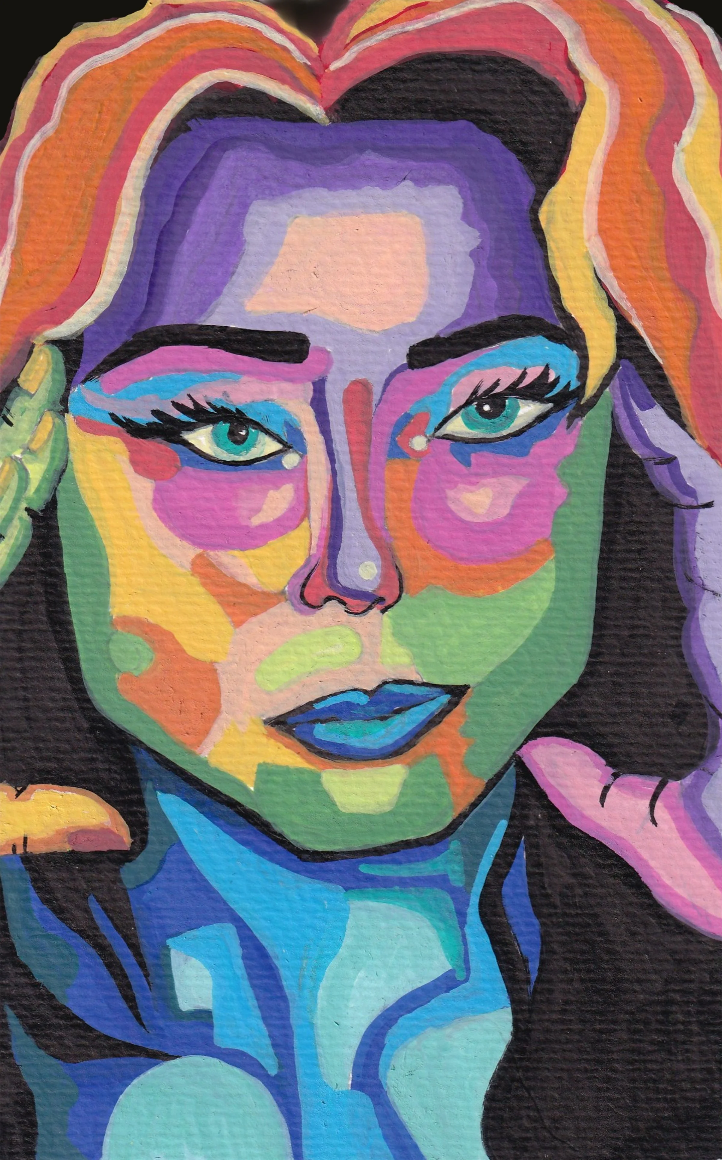 Colorful portrait of a woman with painted face, featuring vibrant shades of purple, pink, blue, green, yellow, orange, and black, with striking blue eyes, bold eyebrows, and lips, surrounded by a variety of bright colors and stylized facial features.