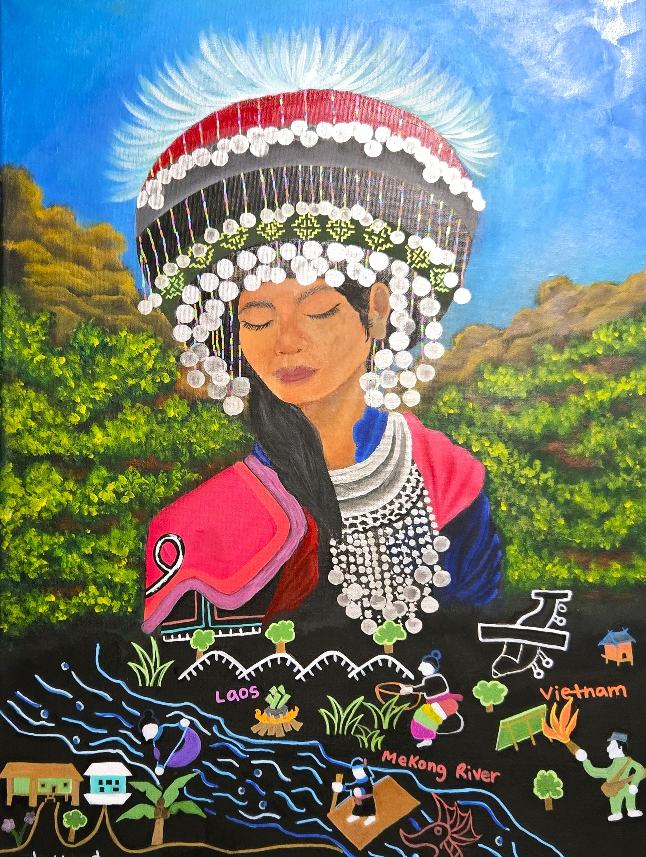 Colorful illustration of a woman in traditional black attire with a large red, white, and black headdress decorated with white beads and strings. The background includes trees, a river labeled Mekong River, and small scenes of farming, fishing, and community life in Laos, Vietnam, and Mekong River region.