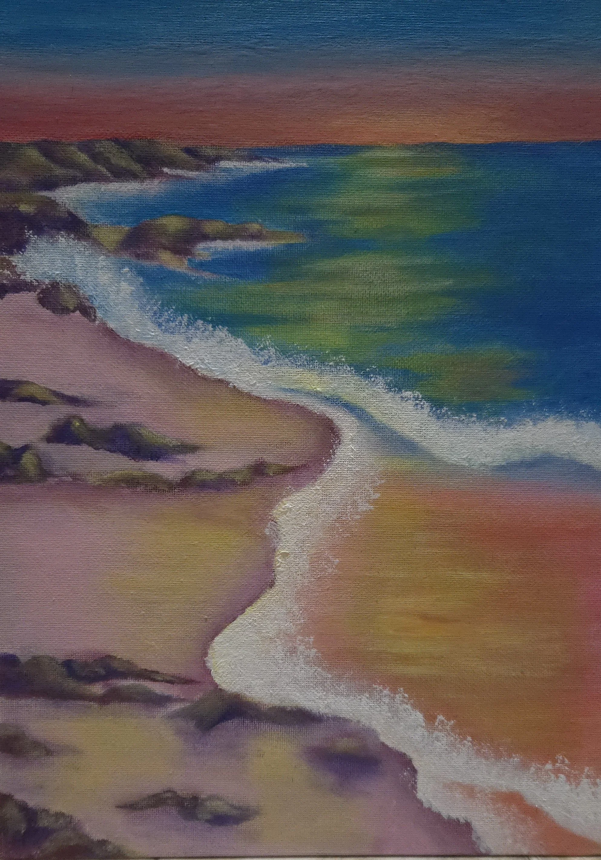 Painting of a sunset over the ocean, with waves crashing against rocks and a colorful sky in shades of pink, orange, blue, and purple.