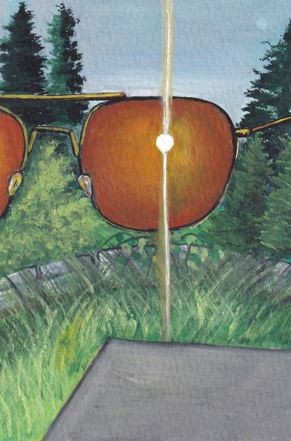 Painting of a large pair of sunglasses on a wall outdoors, with trees and grass in the background.