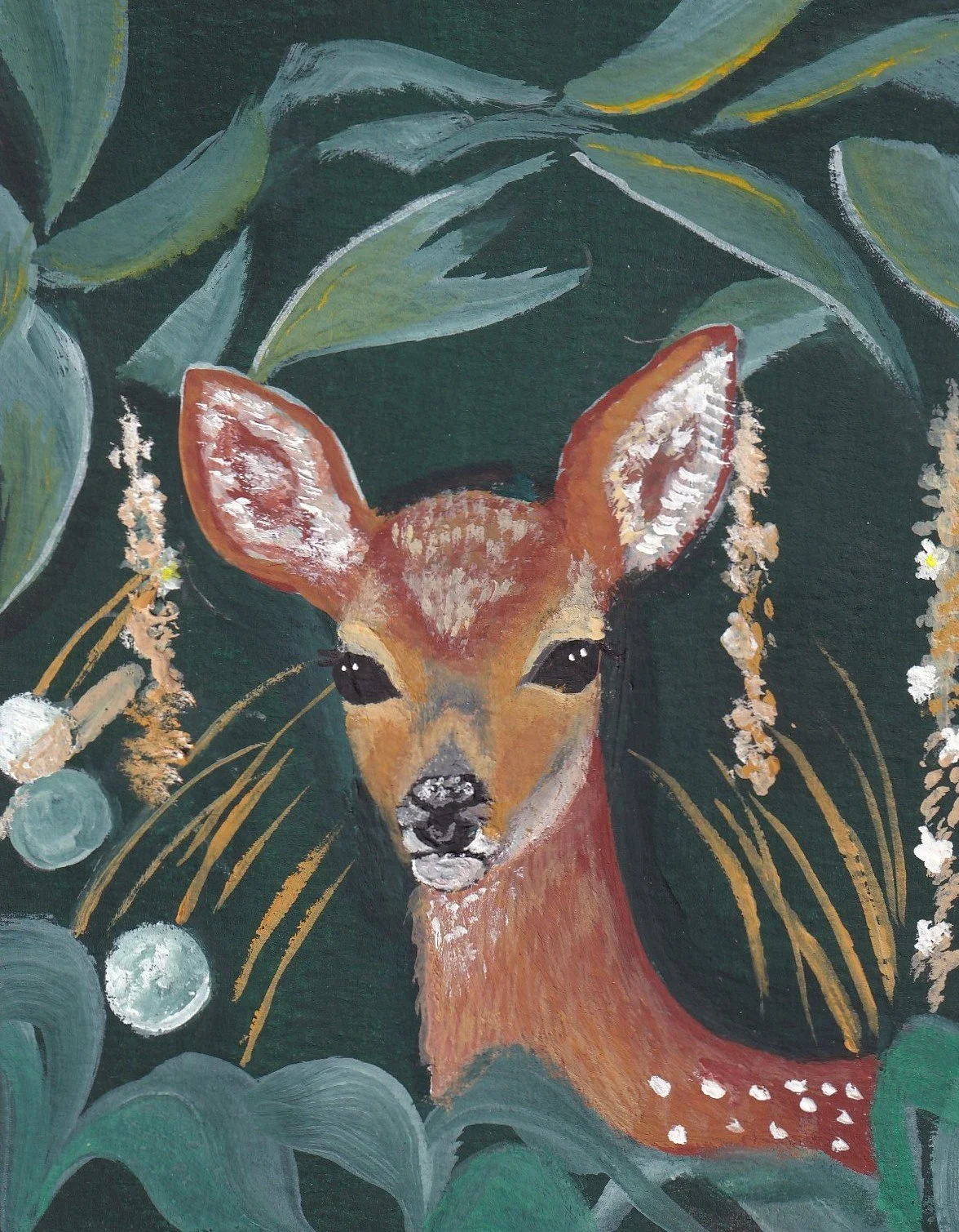 A painting of a deer surrounded by large green leaves, white flowers, and abstract circular shapes.