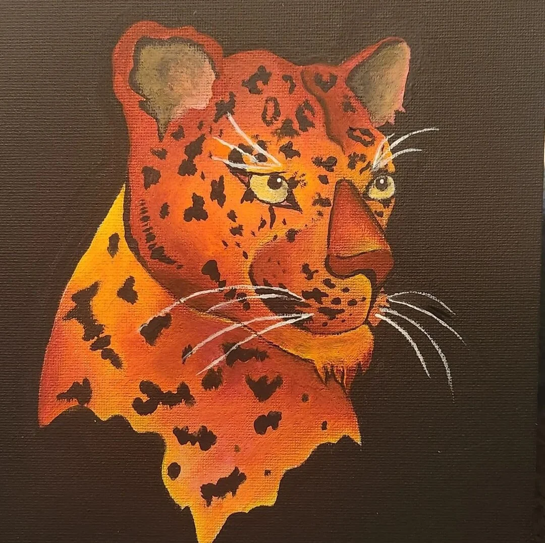 Painting of a leopard's face with detailed features, yellow and black spotted fur, and a dark background.