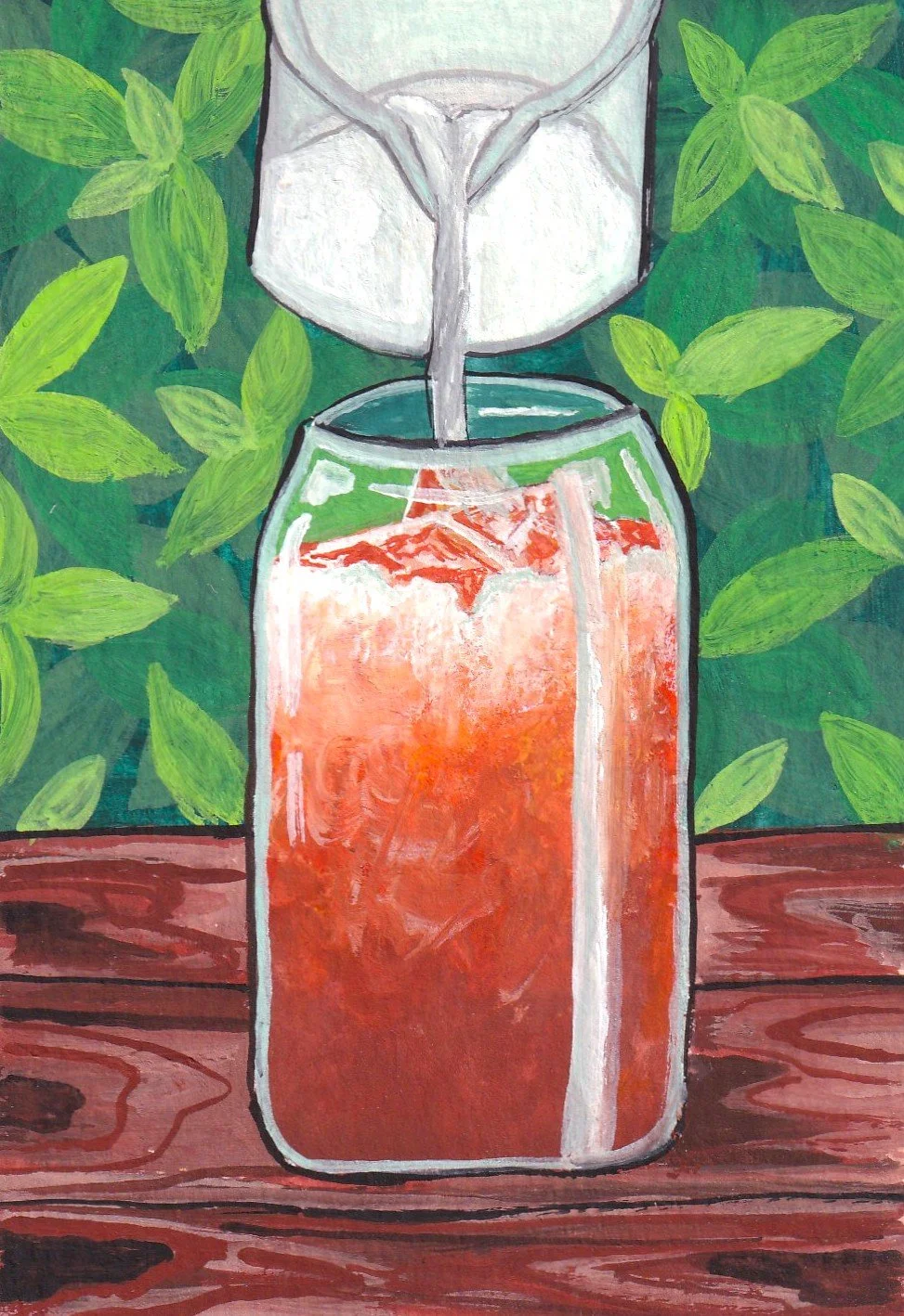 A colorful painting of a can with an orange-red beverage and ice, with a clear straw inside it, placed on a wooden surface with green leafy plants in the background.
