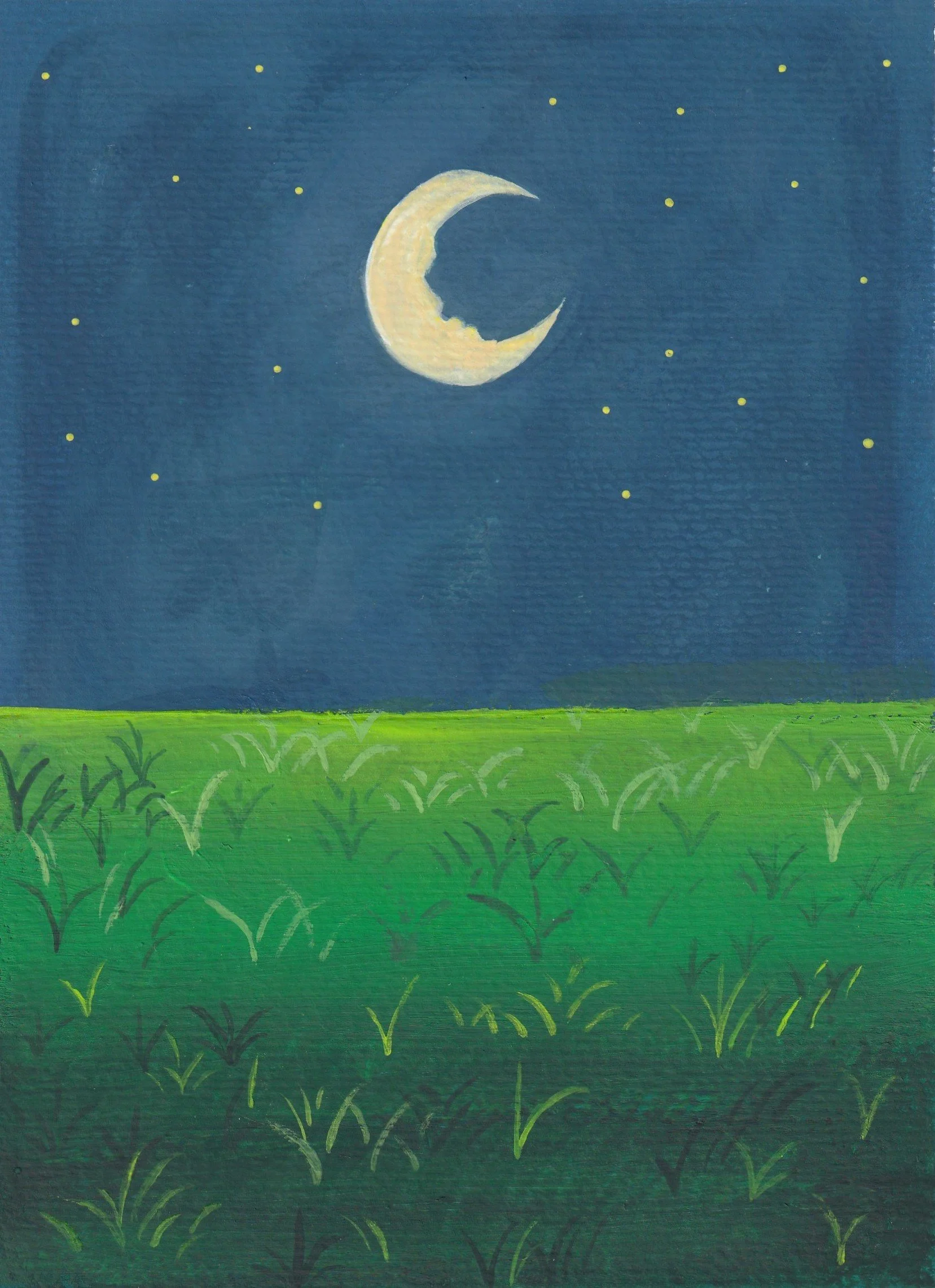 A painting of a night sky with a crescent moon and small yellow stars above a green grassy field.