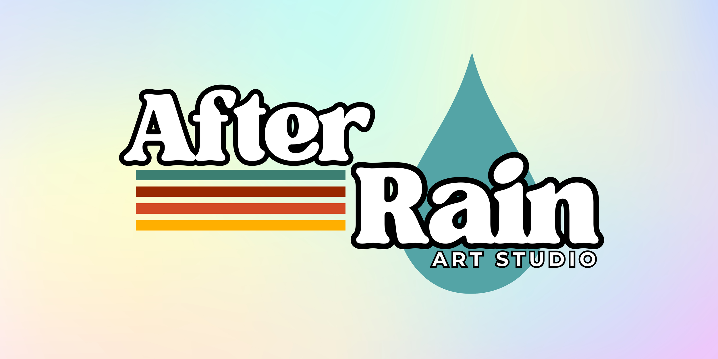 Logo of After Rain Art Studio with stylized text and colorful lines, featuring a blue teardrop shape in the background.