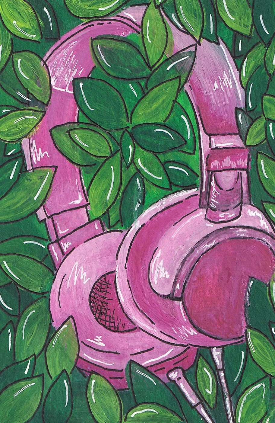 A pink watering can surrounded by green leaves in a vibrant, stylized illustration.