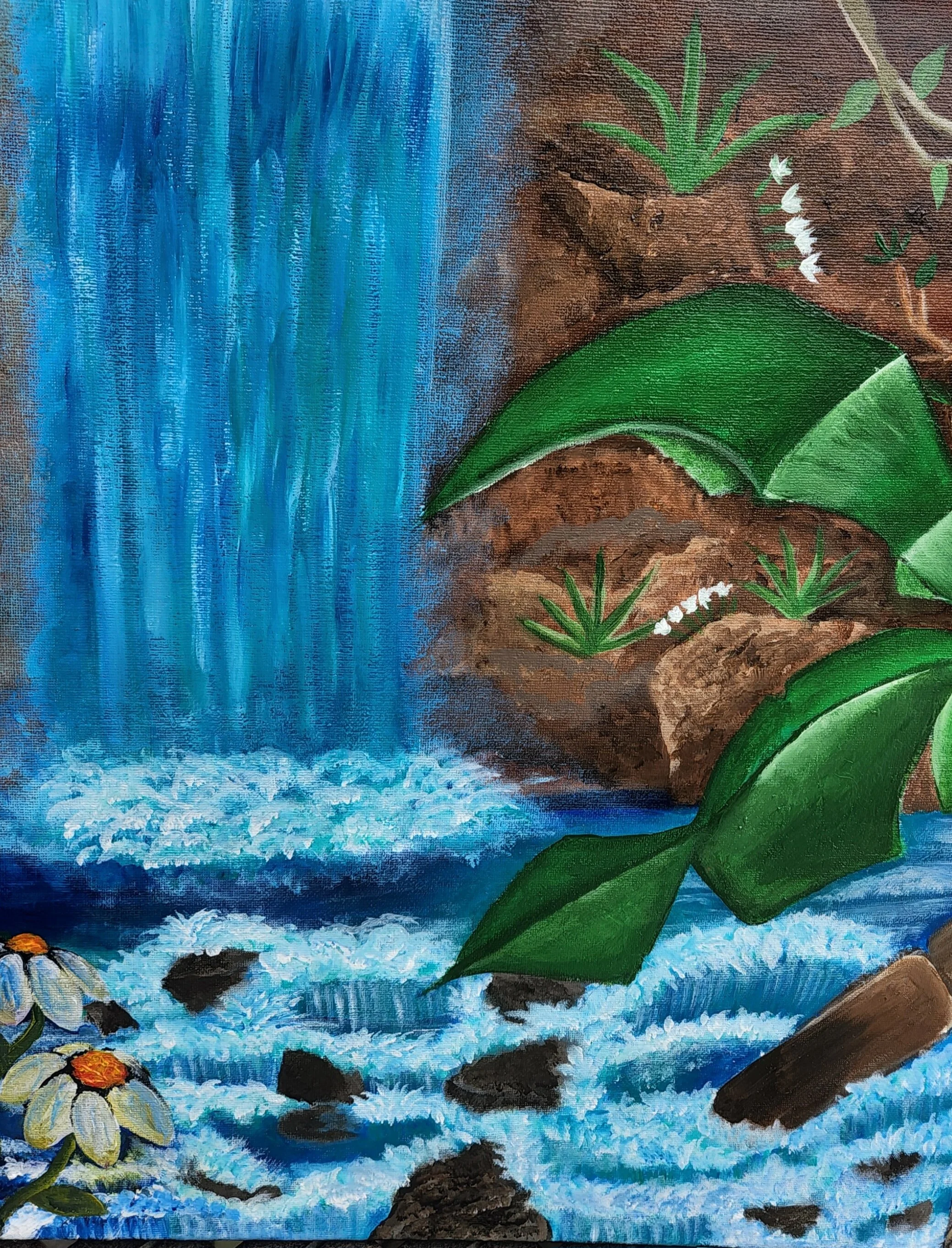 A painting of a waterfall with water cascading down rocks on the right side, surrounded by green plants and flowers, with blue water and rocks at the bottom.