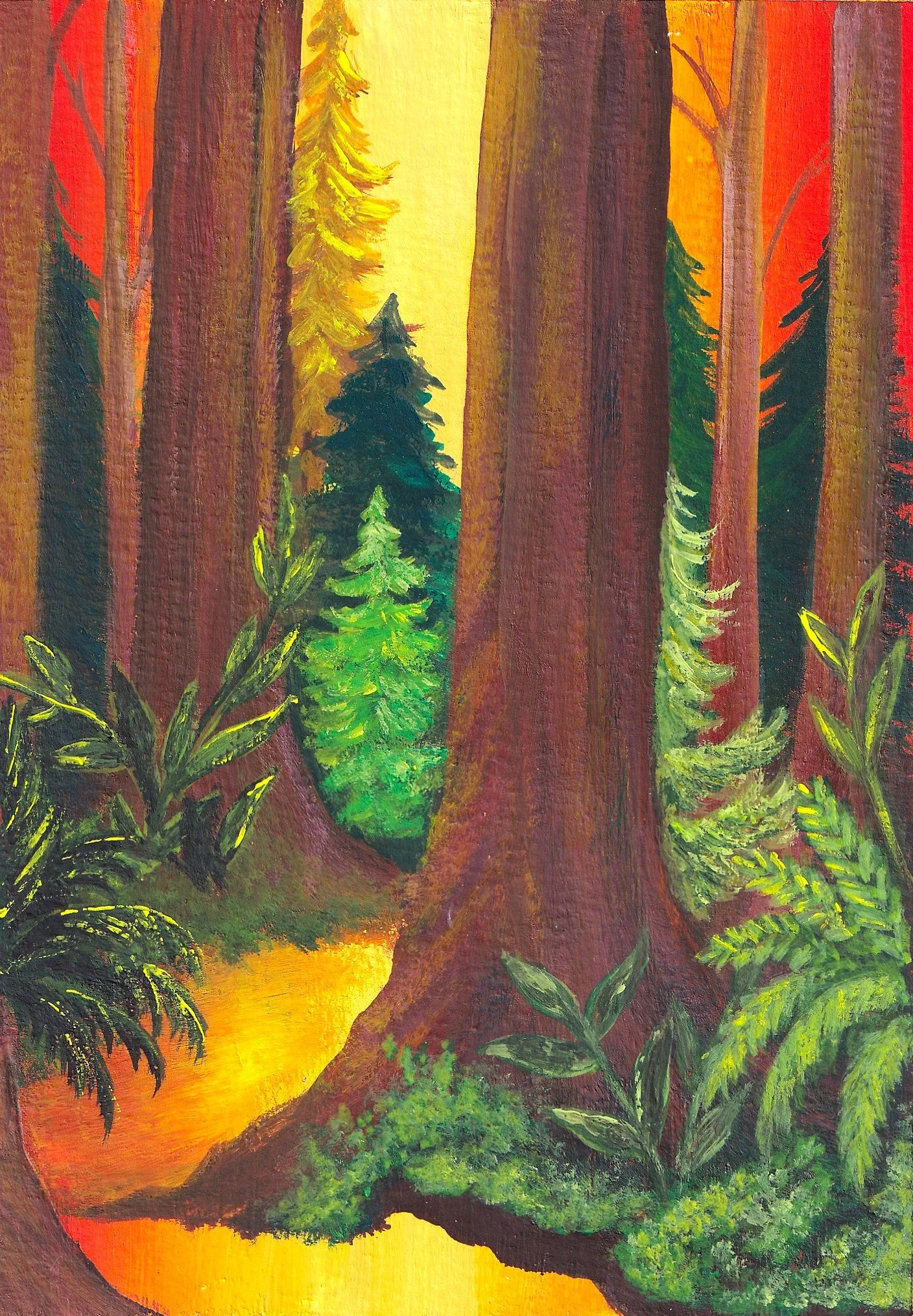 A colorful painting of a forest scene with tall trees, green shrubs, and a yellow and orange background suggesting sunrise or sunset.