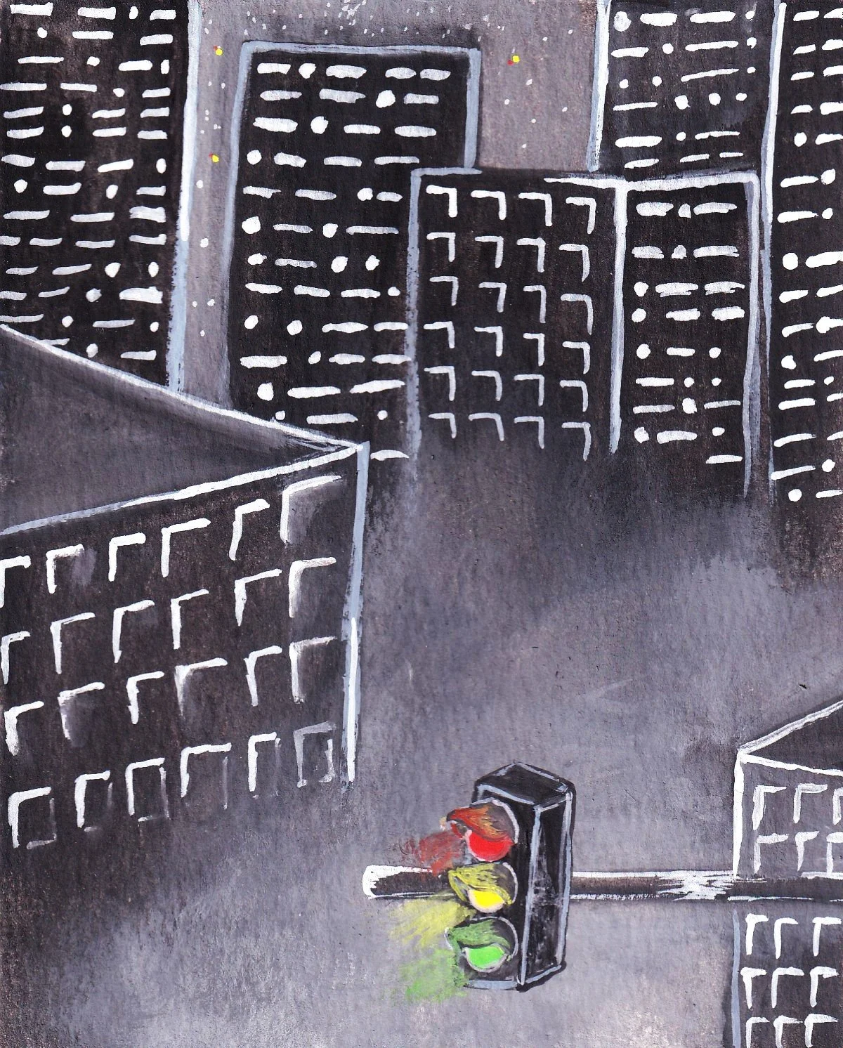 A cityscape with multiple tall buildings at night, depicted in a dark color palette with white window outlines. A traffic light showing red, yellow, and green lights is in the foreground.