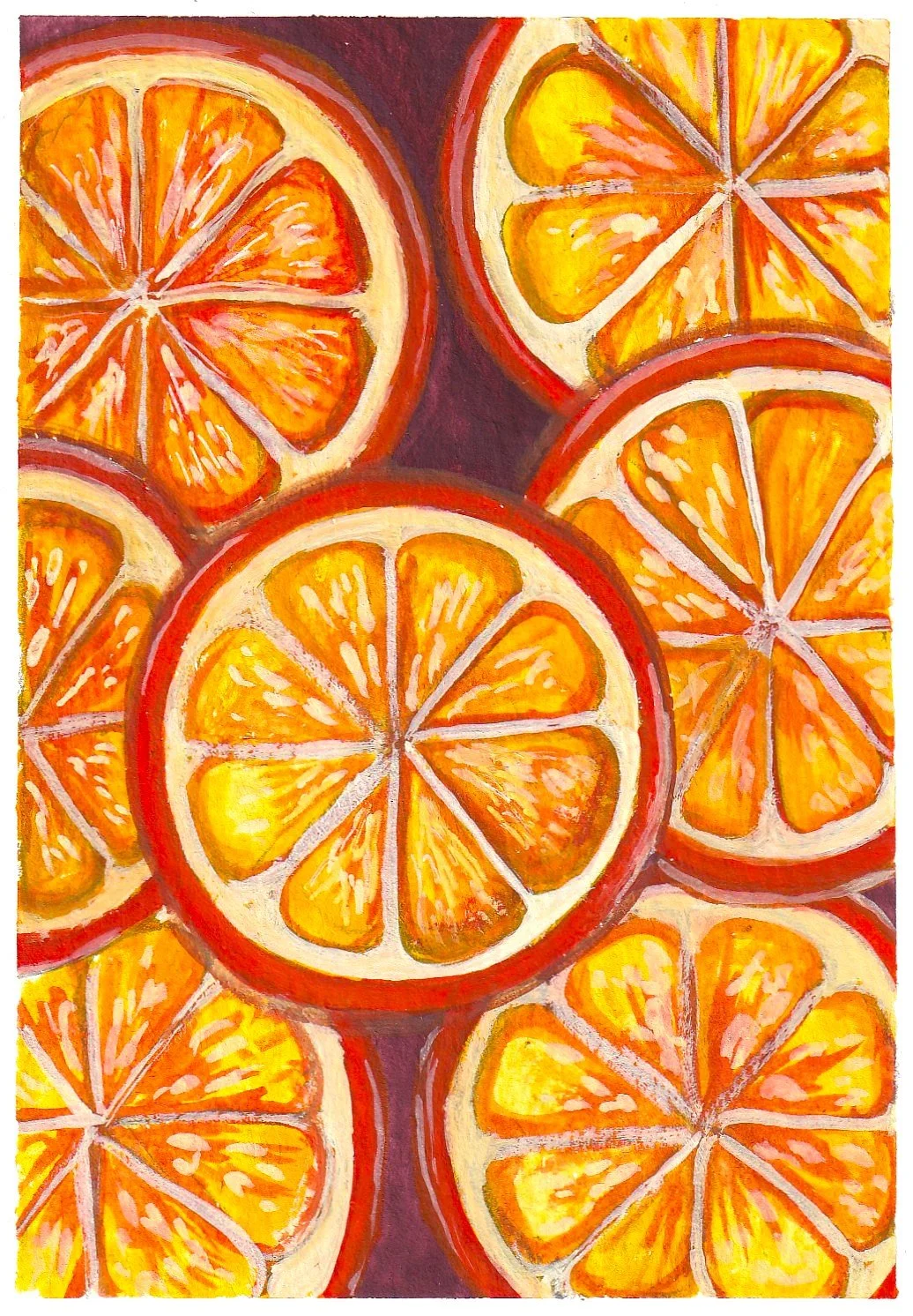 Watercolor painting of sliced oranges with bright orange and yellow colors.