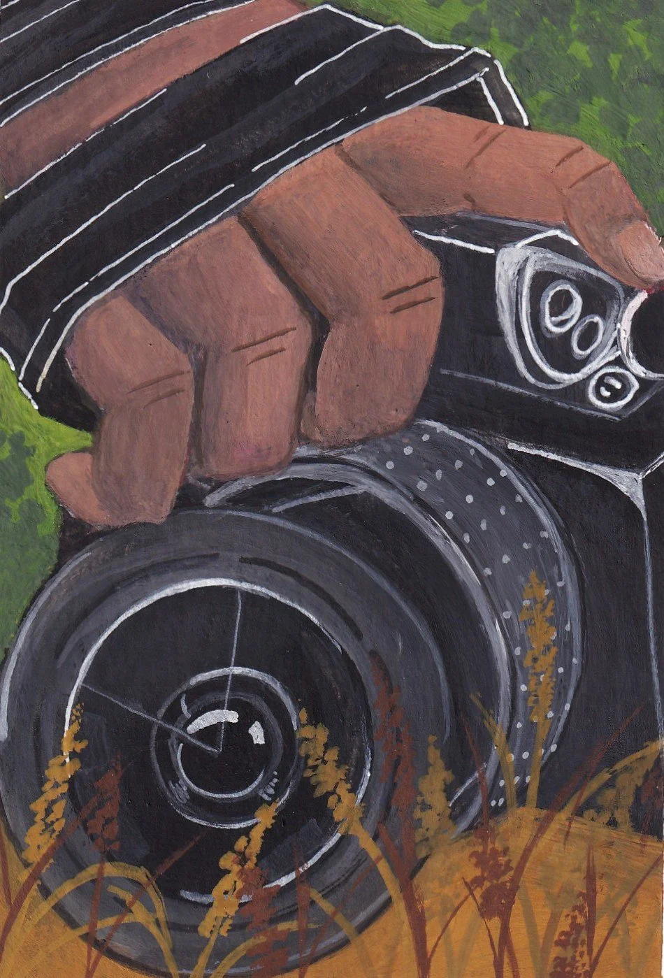 A person with brown skin wearing a black and white striped shirt reaching out and touching a black DSLR camera with silver dials on the outdoors in a grassy area with yellow plants.