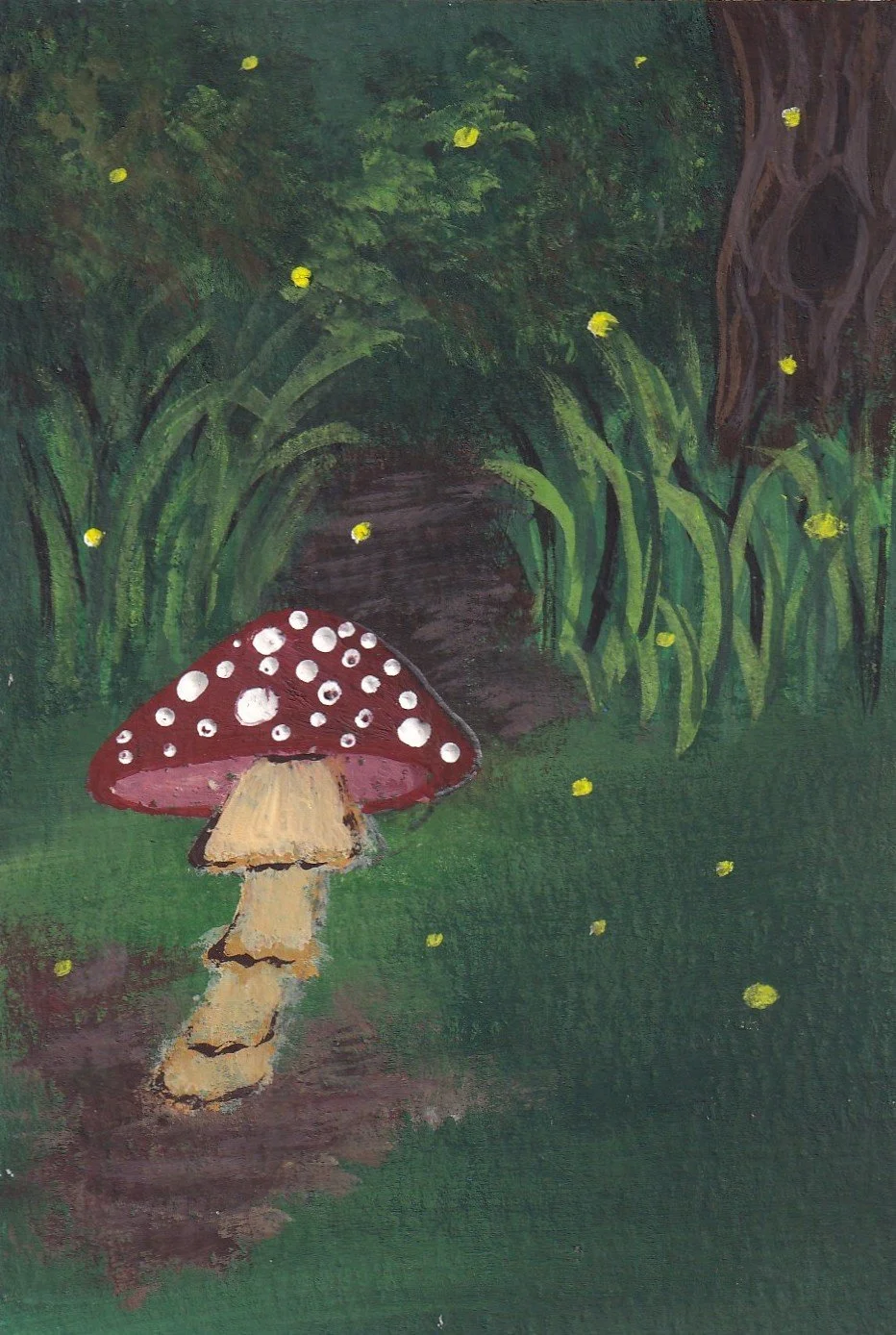 A painting of a forest scene with green foliage, tall grass, and yellow fireflies. In the foreground, there is a red mushroom with white spots and a beige stem.