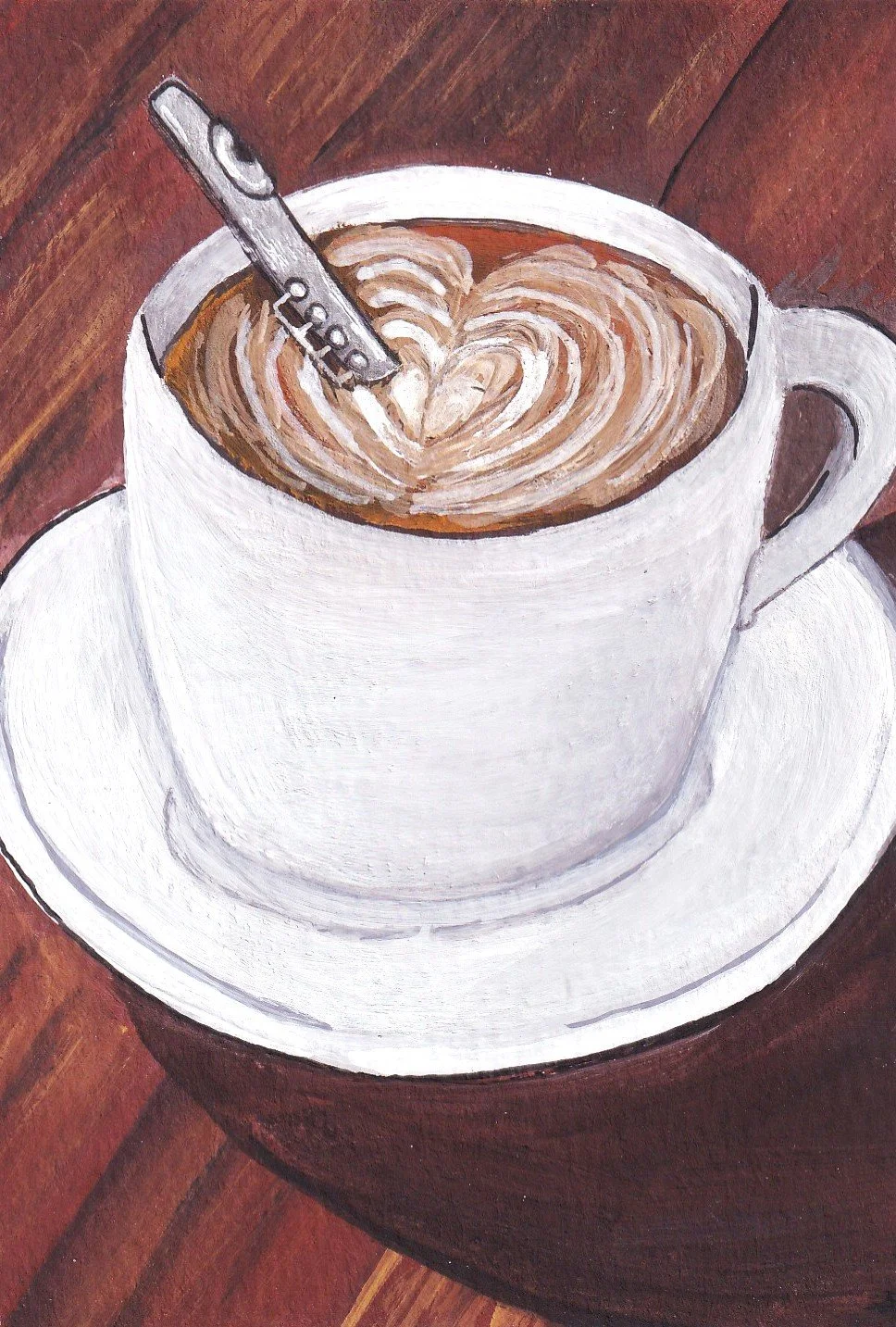 Painting of a coffee cup on a wooden table, with latte art in the shape of a heart and a spoon inside the cup.