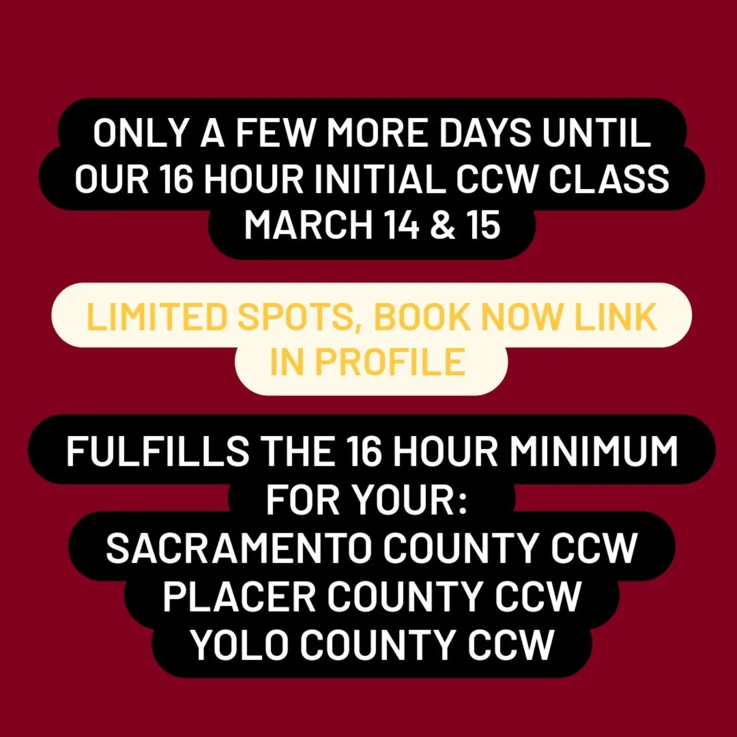 Sacsolidaritydefense.com 
Limited class size, book now. 
March 14 &amp; 15 initial 16 hour initial CCW class.
Sacramento county 
Placer county
Yolo county 
#sac #placercounty #yolocounty #ccw #trendingnow