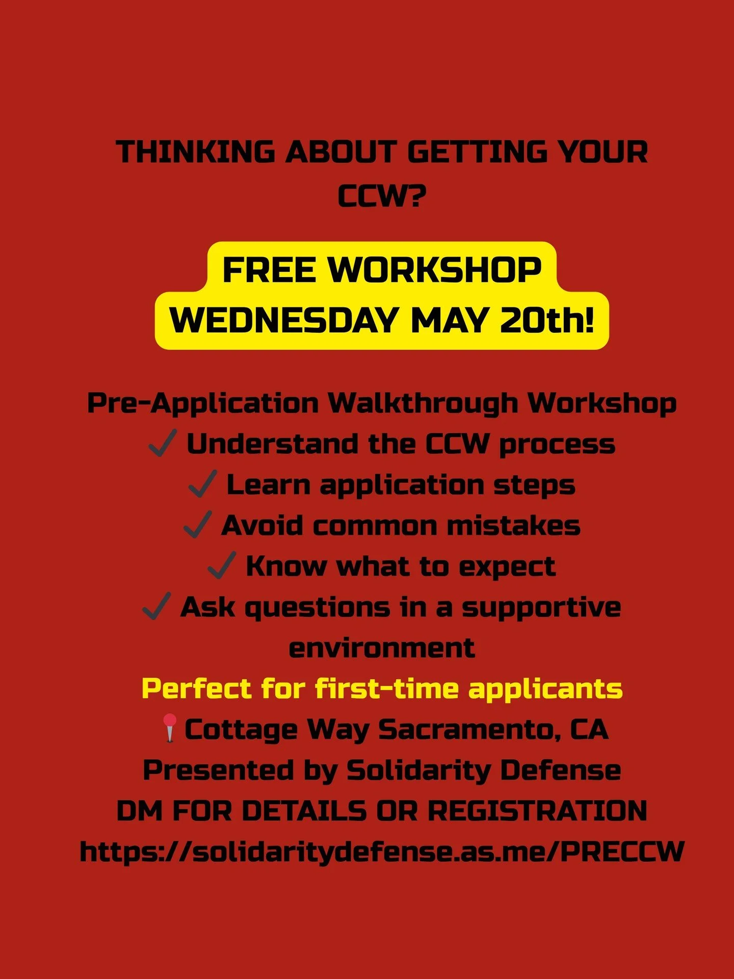 FREE WORKSHOP

Pre-Application Walkthrough Workshop

✔ Understand the CCW process
✔ Learn application steps
✔ Avoid common mistakes
✔ Know what to expect
✔ Ask questions in a supportive environment

Perfect for first-time applicants

📍Cottage Way, S