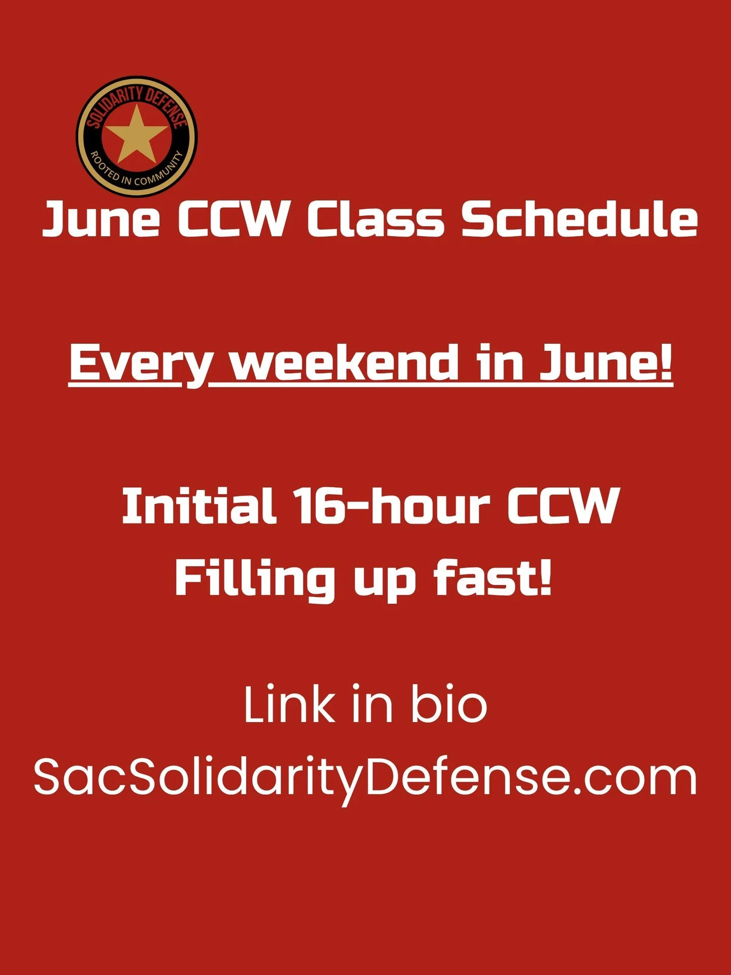 🔥16-Hour CCW Courses Now Open 🔥

Serving Sacramento, Placer &amp; Yolo County

Whether you&rsquo;re applying for your first CCW permit or renewing your certification, Solidarity Defense offers professional, responsible, and practical firearms train