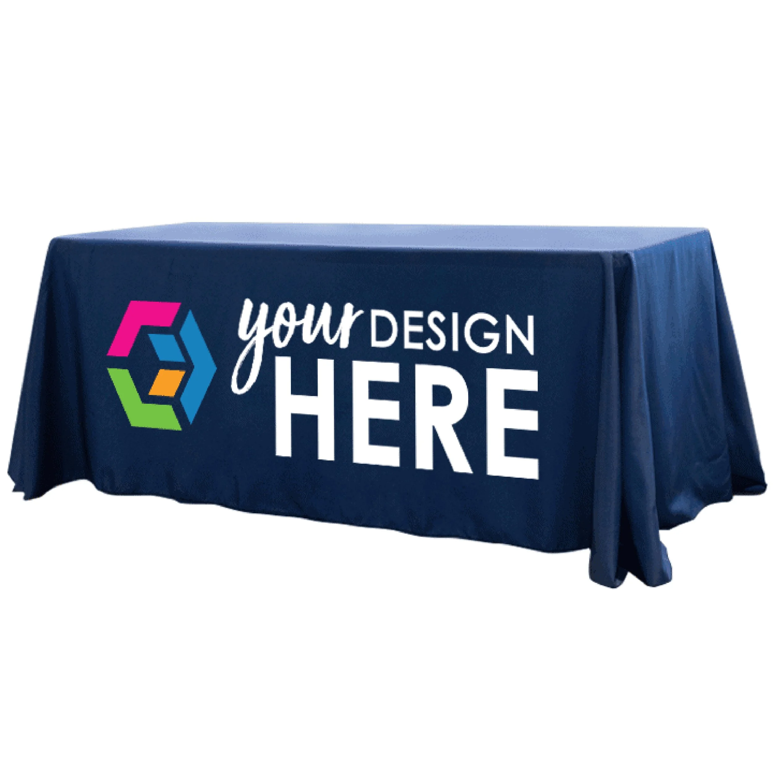 Customizable table cover with "Your Design Here" text and colorful logo on a navy blue cloth.
