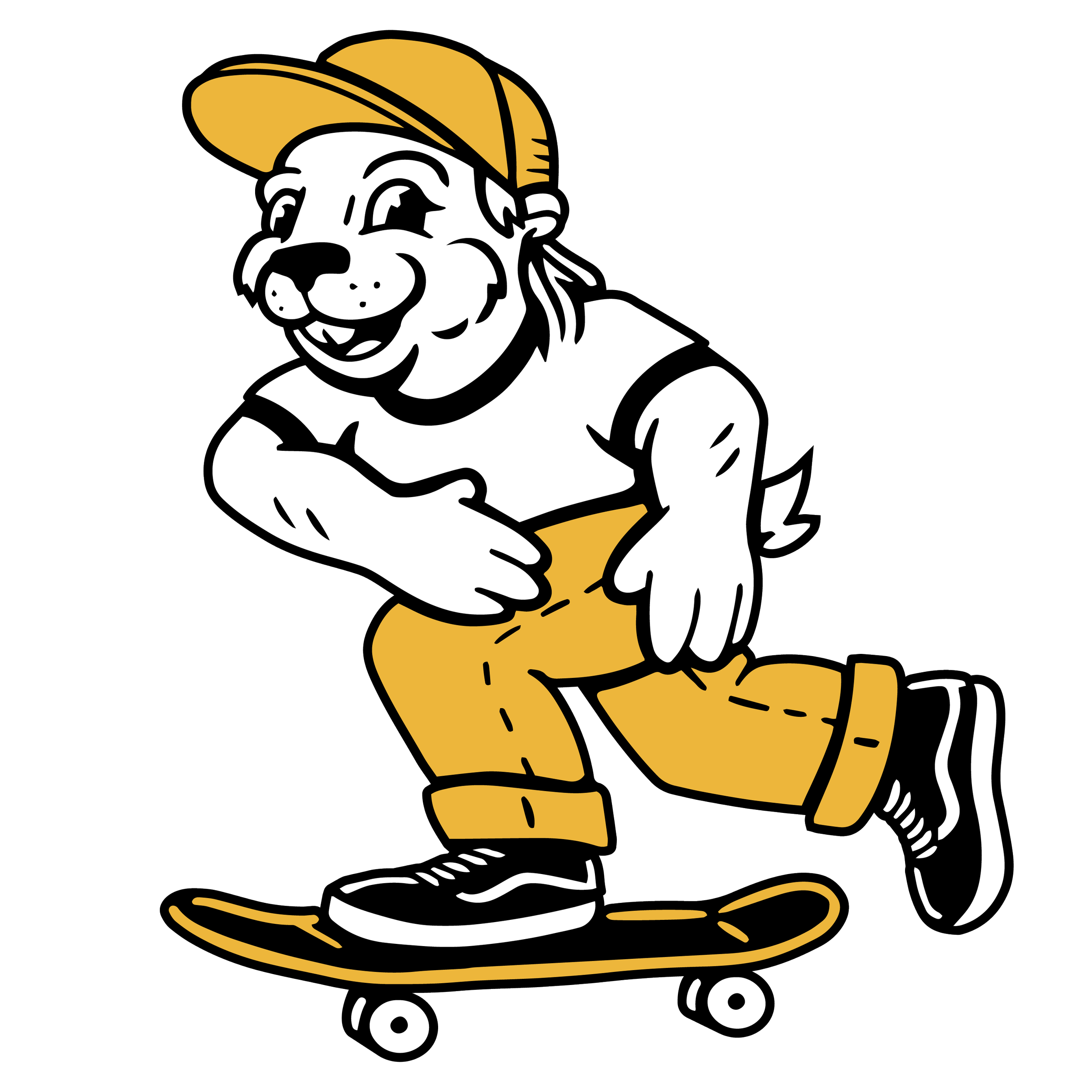 The Right To Skate Logo. A cartoon gopher character wearing a yellow cap and yellow pants, riding a skateboard.