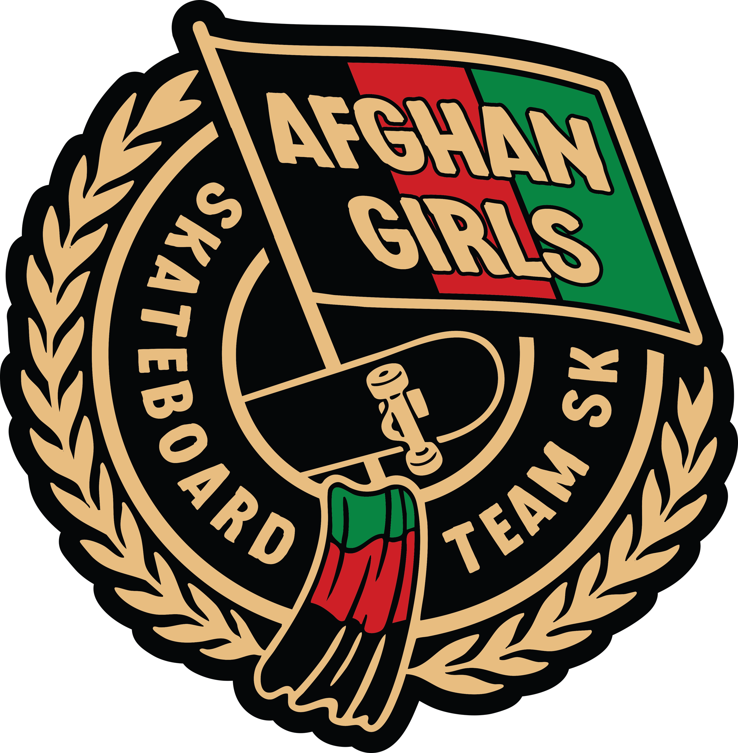 A Right To Skate sticker with the text "Afghan Girls" on a flag featuring the colours of the Afghan flag, surrounded by a laurel wreath and the words "Skateboard Team".