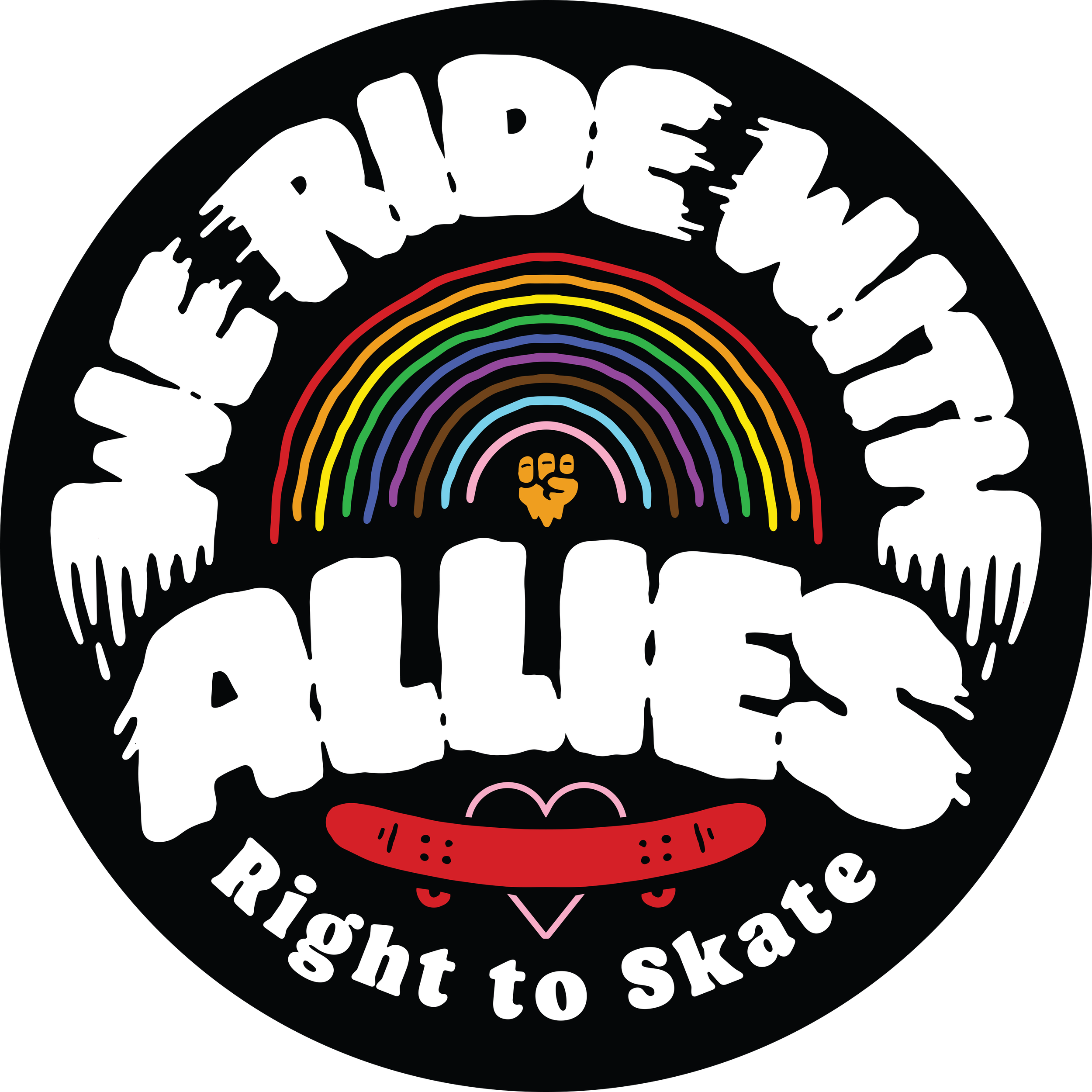 A Right To Skate sticker that says 'We Ride With Allies' with white letters and a pride rainbow