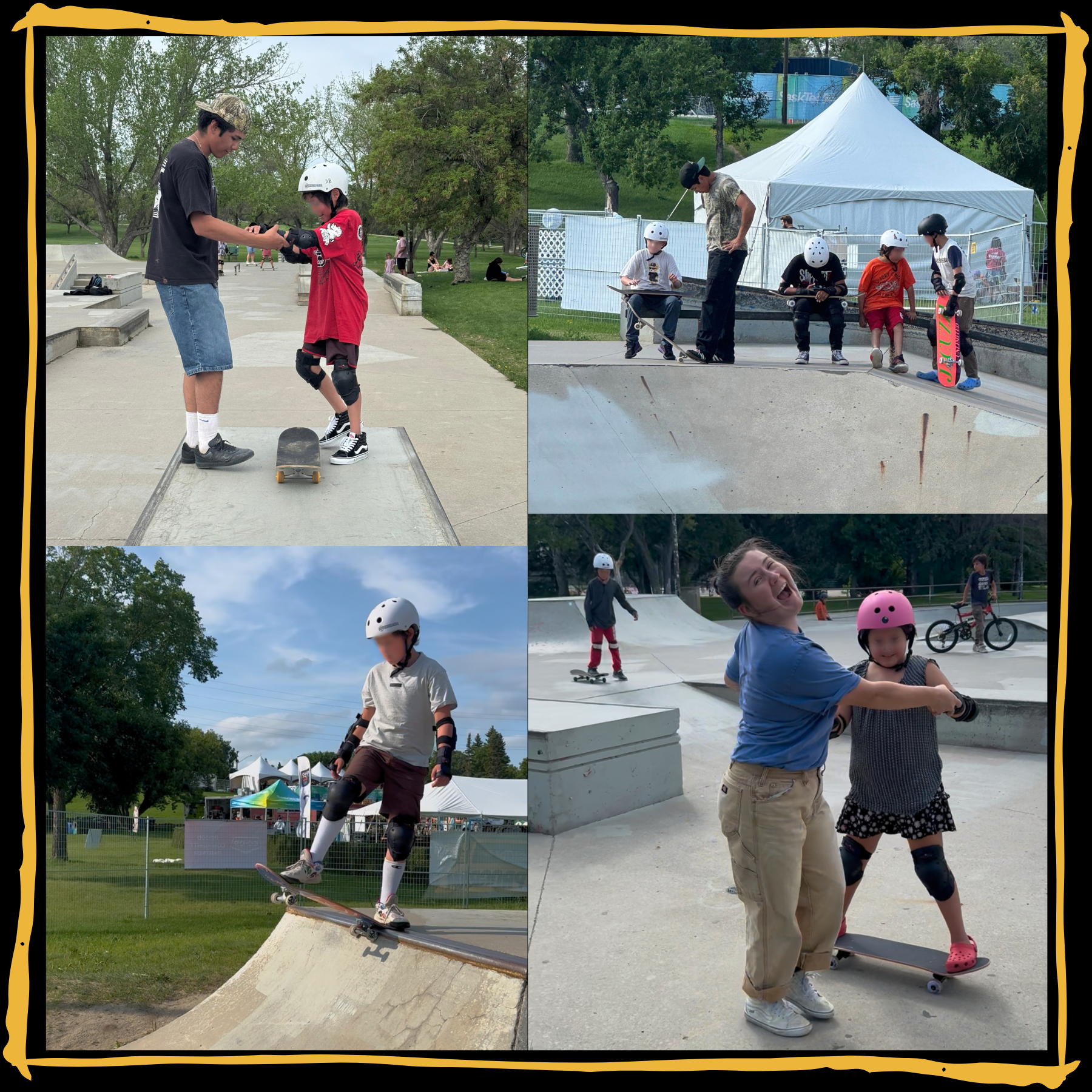 children skateboarding with mentor coaches at a skatepark