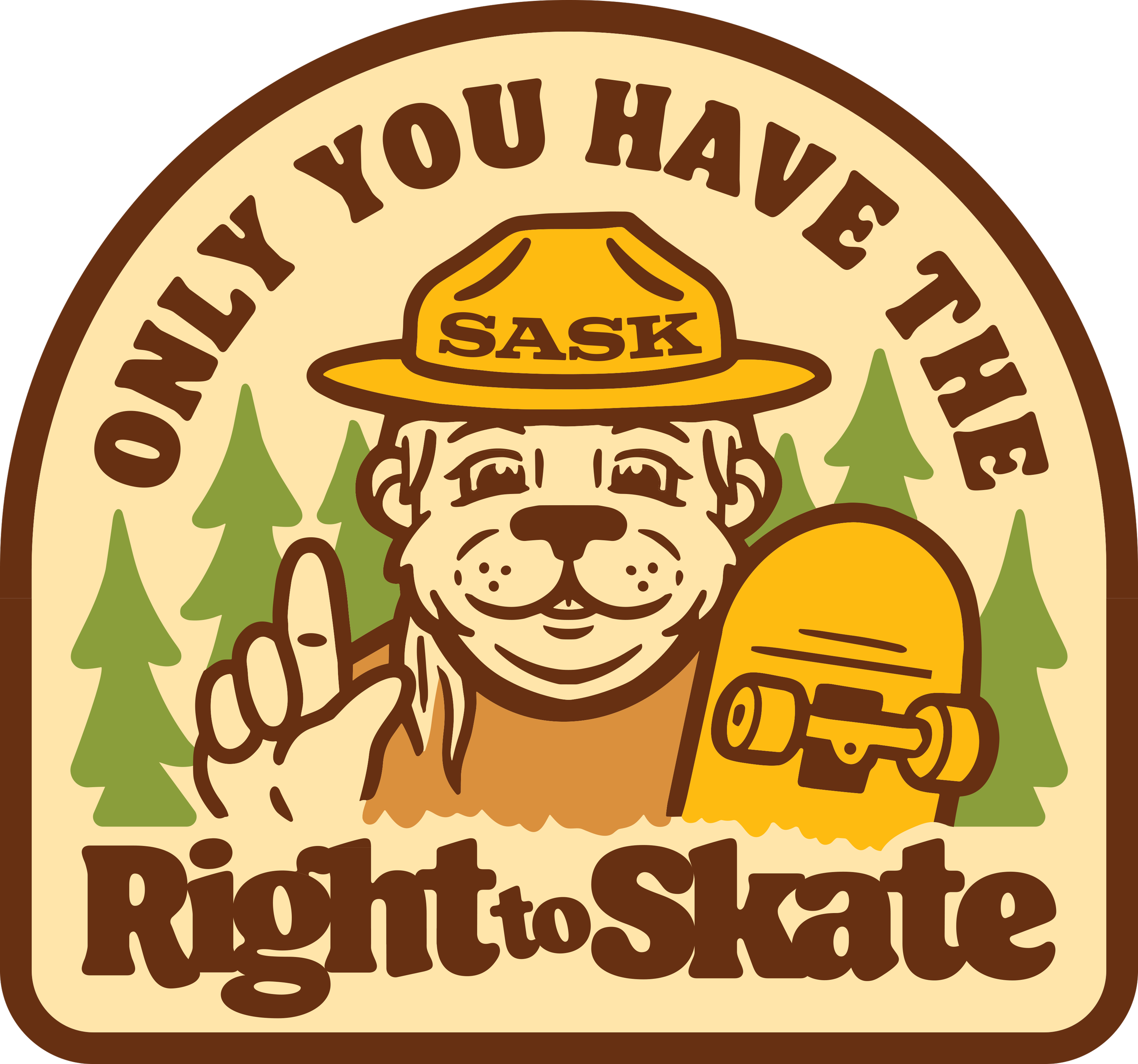 A Right To Skate sticker featuring a cartoon bear wearing a yellow hat holding a skateboard, with trees in the background, and the text 'Only You Have the Right to Skate'.