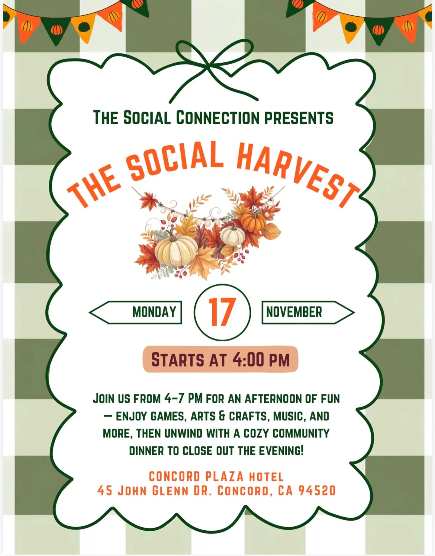 Fall vibes are in full swing! 🍂 Join us for The Social Harvest &mdash; an afternoon of games, crafts, music, and community magic. Come get cozy with us and celebrate the season together!