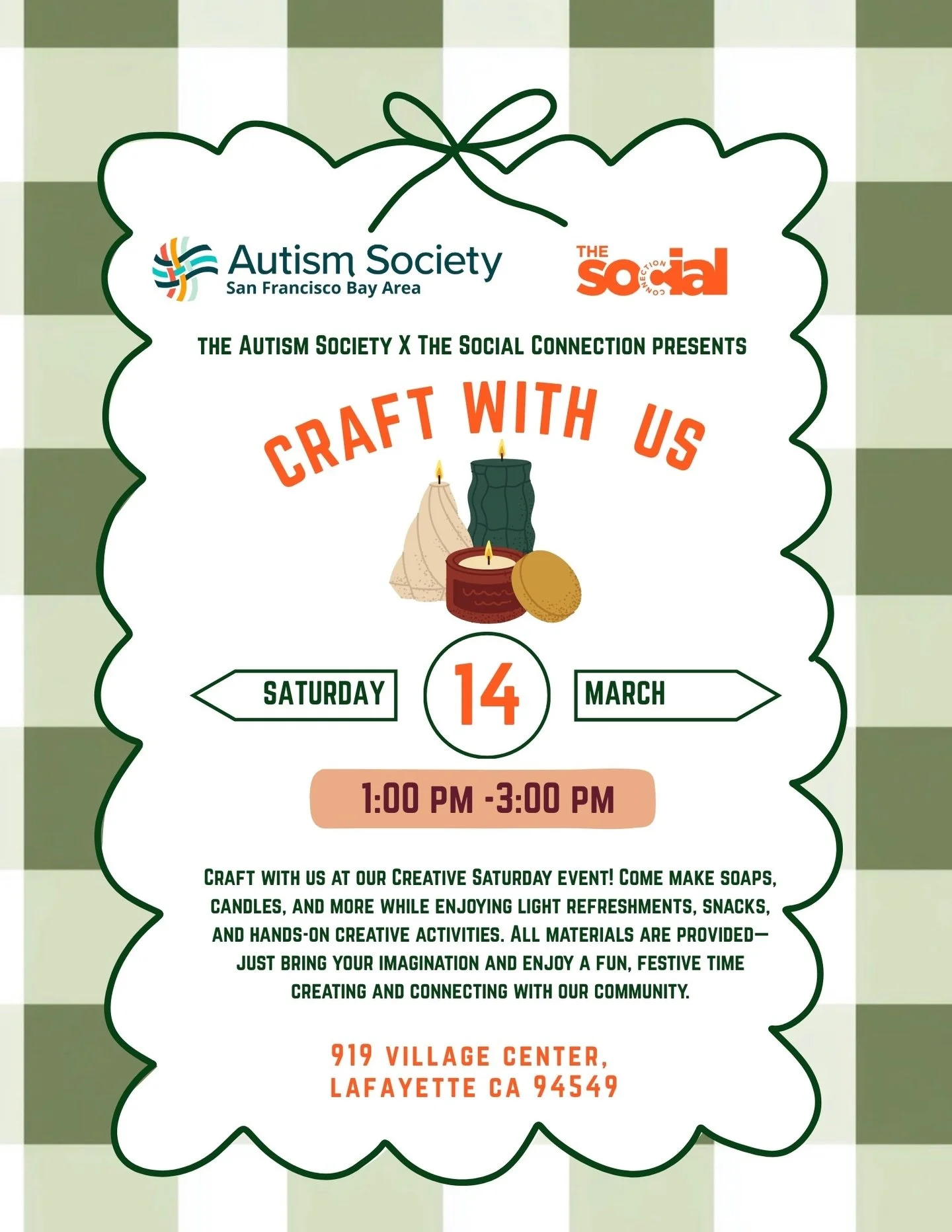 ✨ Get crafty with us! ✨Join The Autism Society x The Social Connection for a cozy Creative Saturday filled with soap making, candle crafting, snacks, and community fun. 🕯️🧼💚

Bring your creativity &mdash; we&rsquo;ll bring the supplies! 🎨

#TheSo