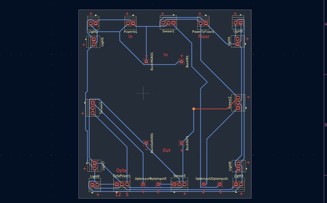A circuit diagram for an automated home lighting system, showing power inputs, sensors, lights, and control connections.