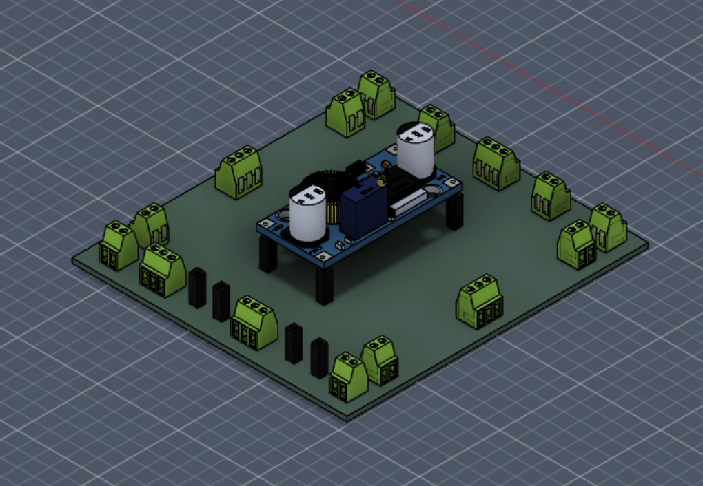3D model of an electronic circuit with a green base, several green terminal blocks around the edges, a blue circuit board, two white cylindrical components, and various black and yellow electronic parts.