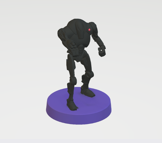A black robotic figurine standing on a purple circular platform.