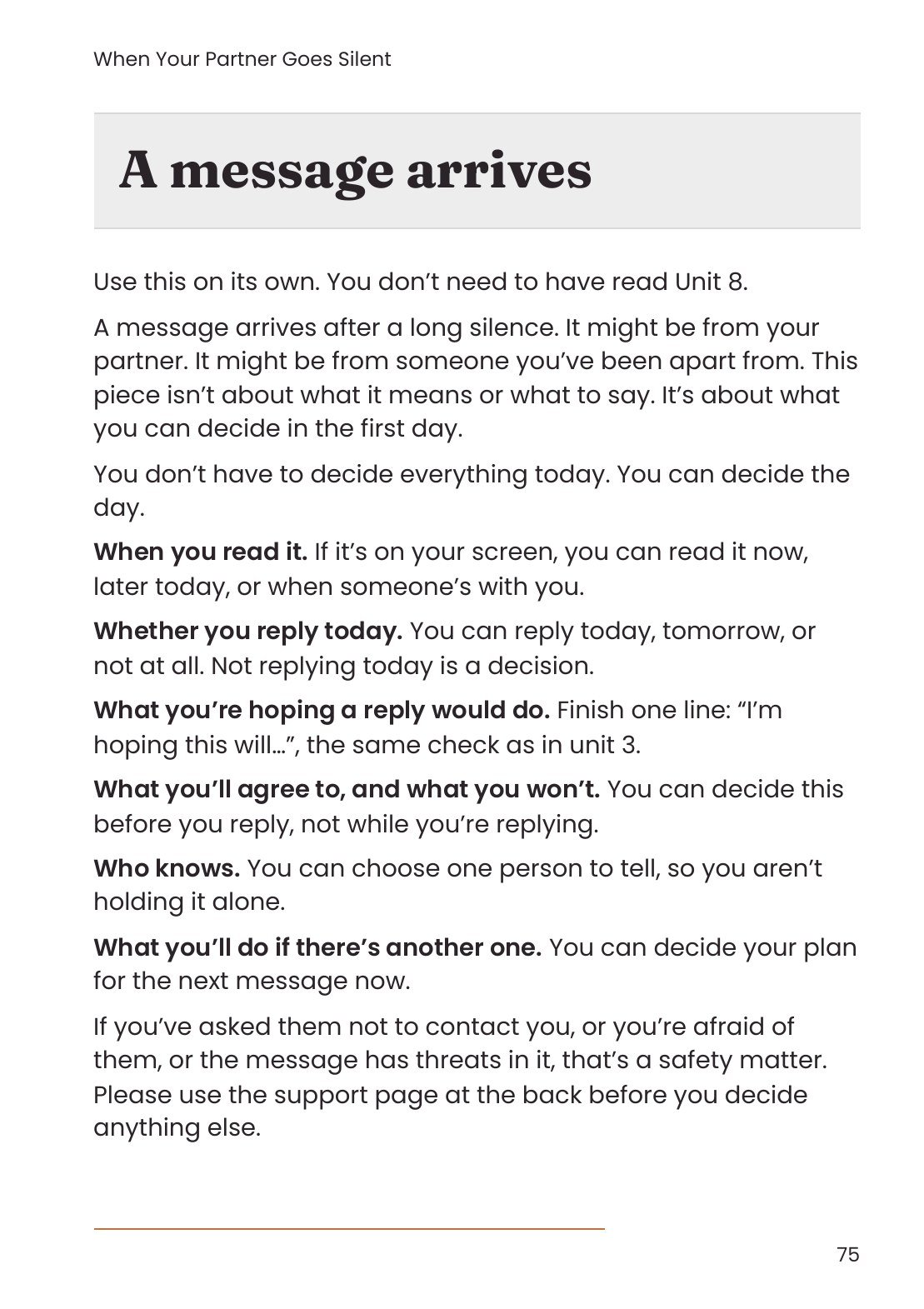 A page from the book titled A message arrives, a three-page section to use on its own the day a message arrives after a long silence.