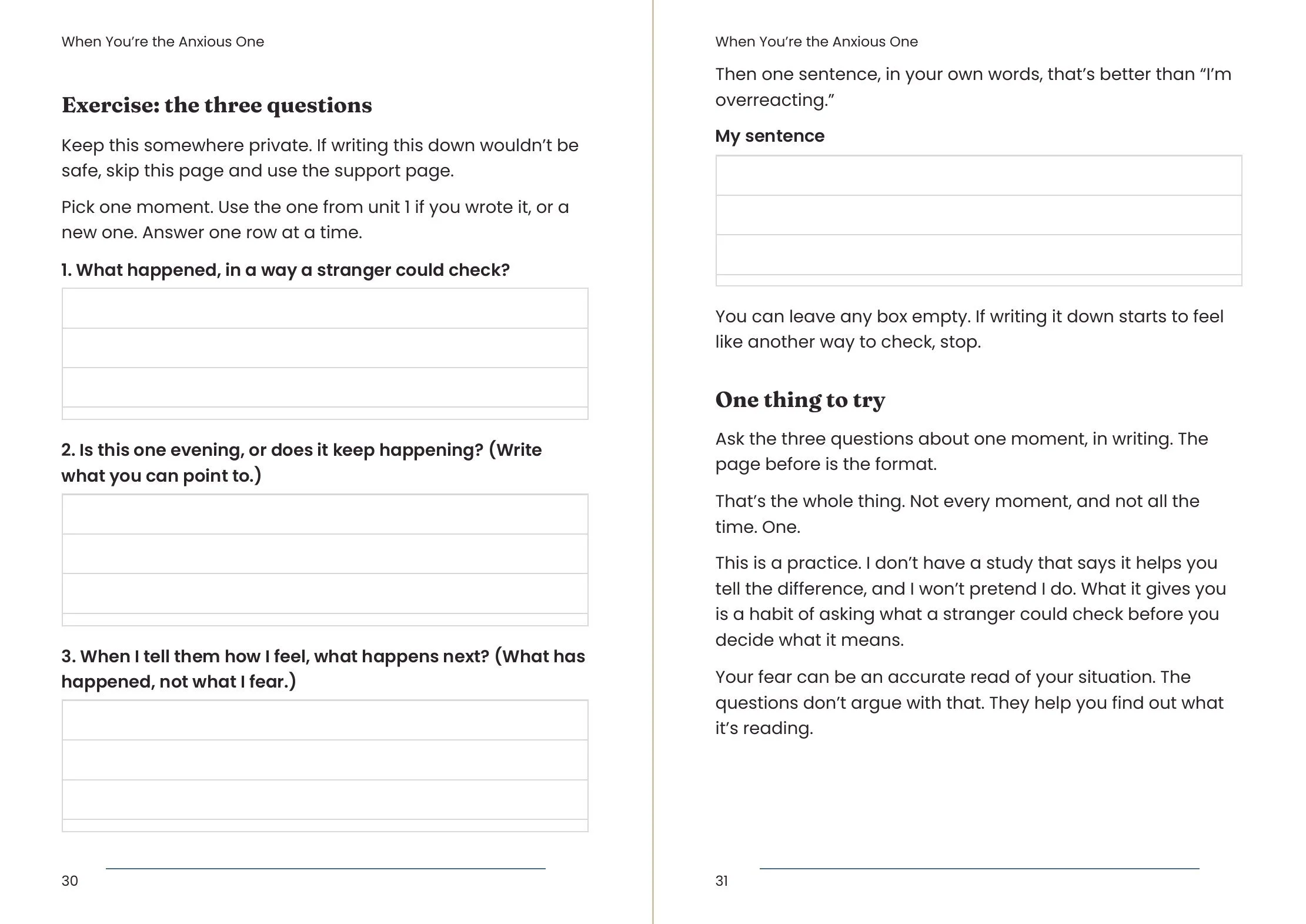 Two facing A5 pages from unit 3: the three questions exercise, with space to write your answers.