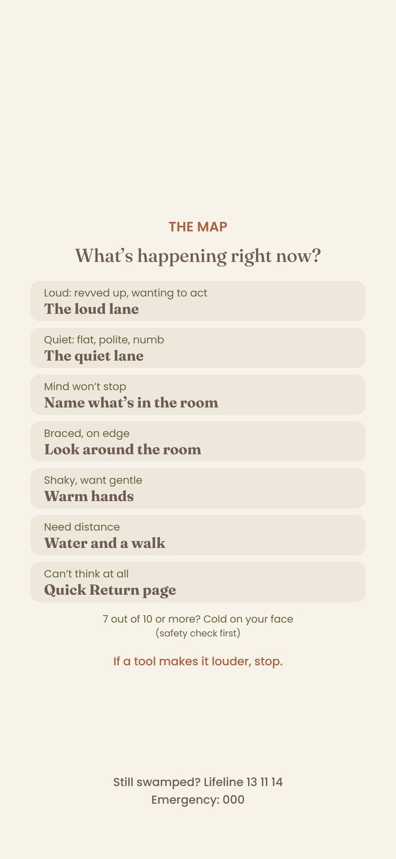 A phone lock screen image headed The Map, asking what’s happening right now, with a list that matches how you feel (loud, quiet, mind won’t stop, braced, shaky, need distance, can’t think) to a tool.