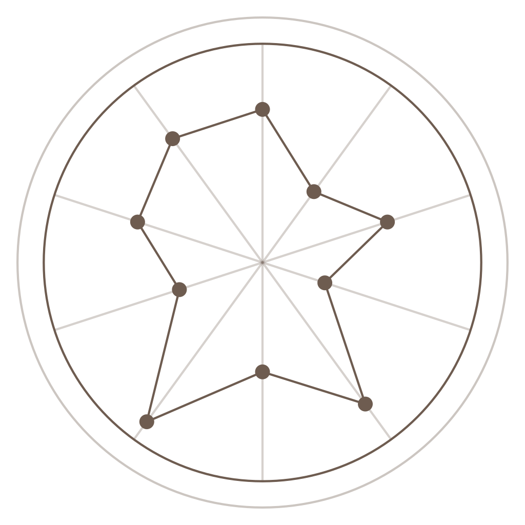 Ten life areas scored out of ten and joined into a plotted shape inside a ring, like a constellation.