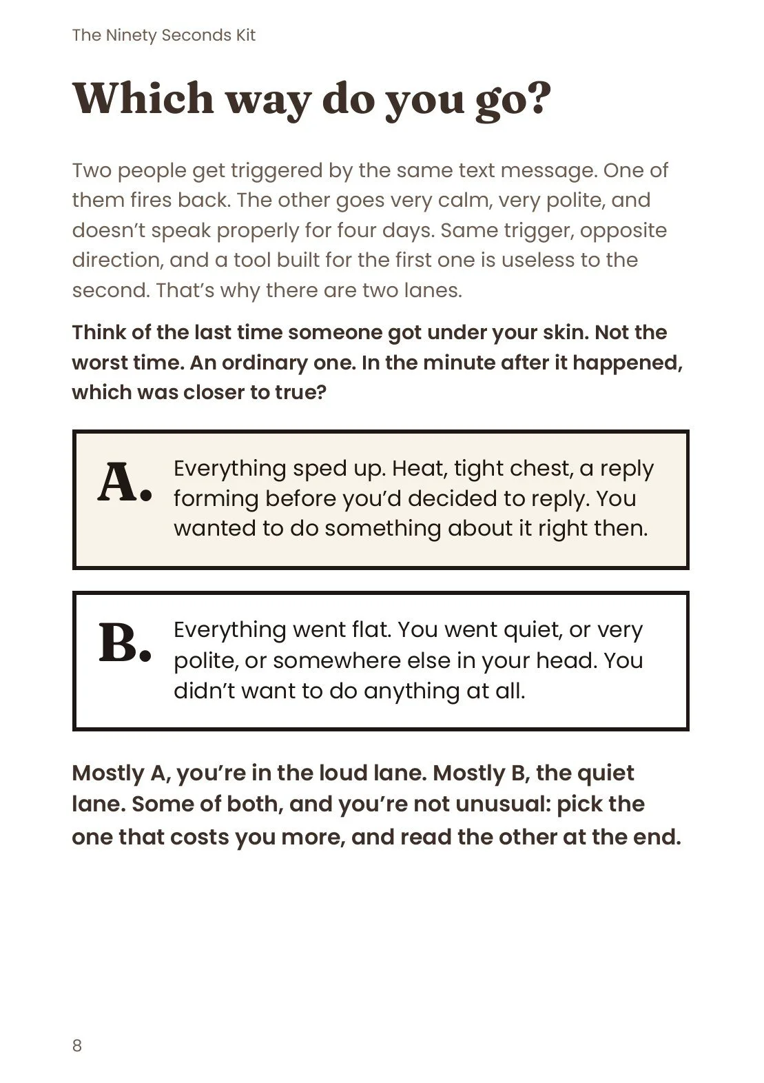 A page from the Kit headed Which way do you go?, with two options, A and B, describing a sped-up reaction or going flat, to find your lane.