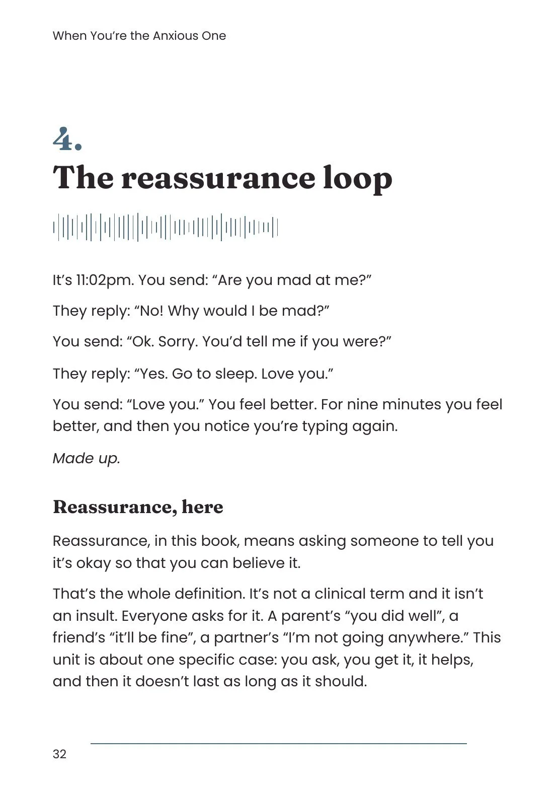 The opening page of unit 4, The reassurance loop, with a short text-message exchange at 11:02pm.