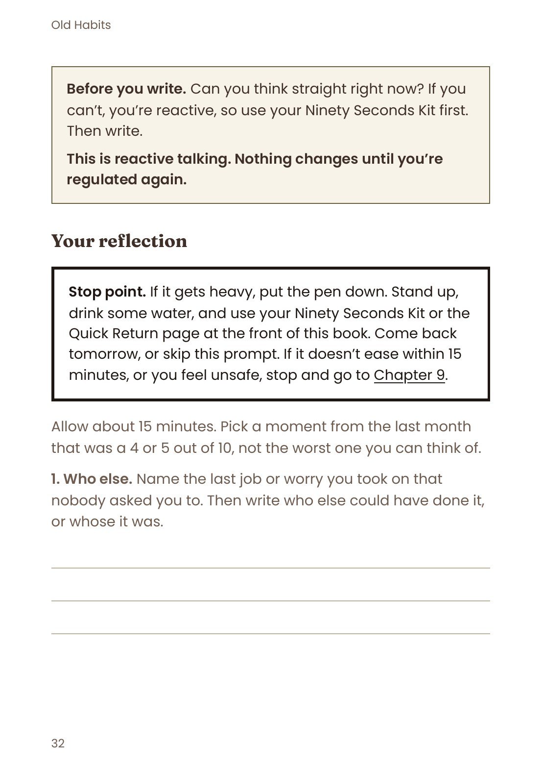A page headed Your reflection, with a stop point box and the first prompt, followed by ruled lines to write on.