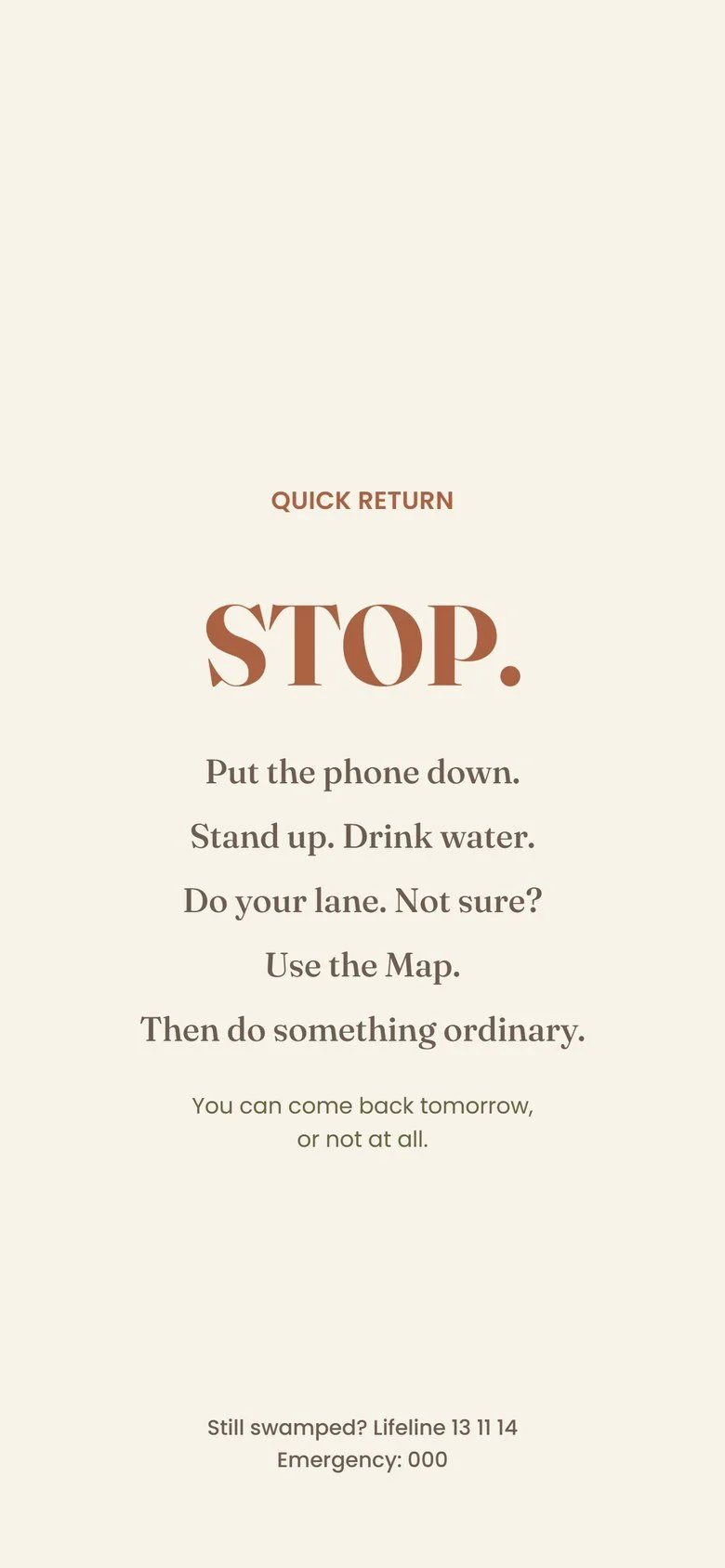 A phone lock screen image headed Quick Return, with the word STOP and four short steps: put the phone down, stand up and drink water, do your lane, then do something ordinary.