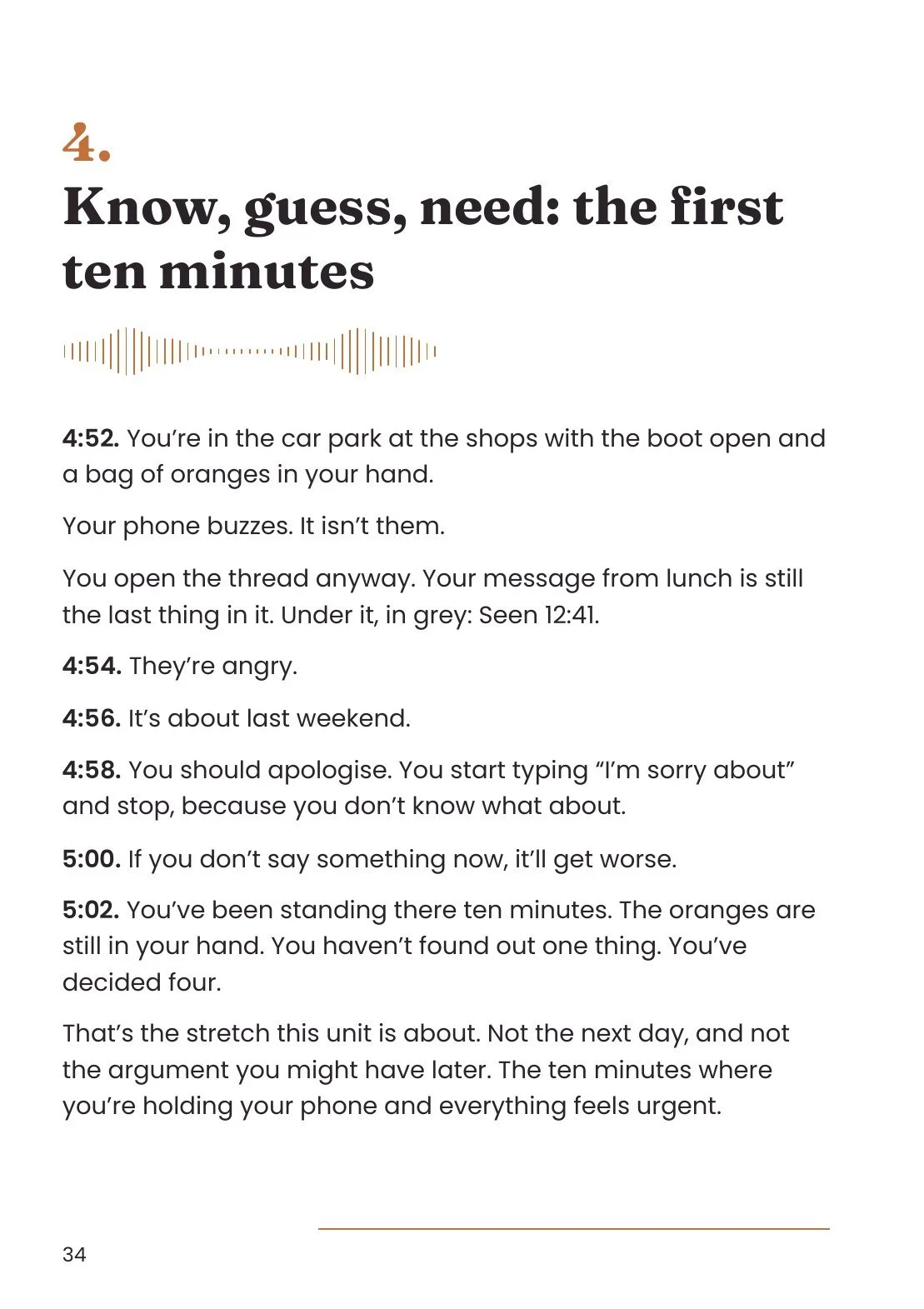 The opening page of unit 4, Know, guess, need: the first ten minutes, with a short scene counting down from 4:52.