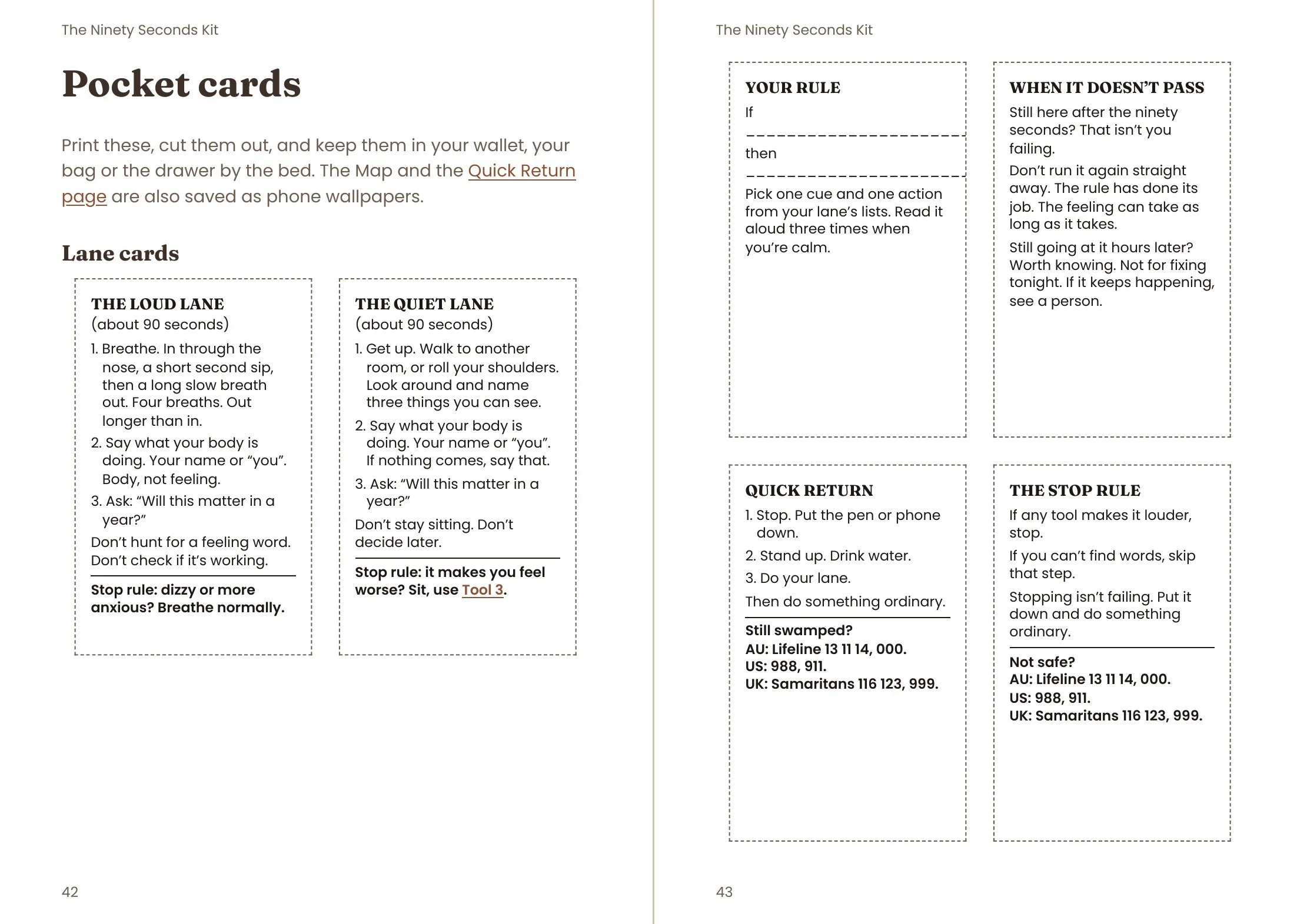 Two facing A5 pages from the Kit showing pocket cards with dashed cutting lines: the loud lane, the quiet lane, your rule, when it doesn’t pass, Quick Return and the stop rule.