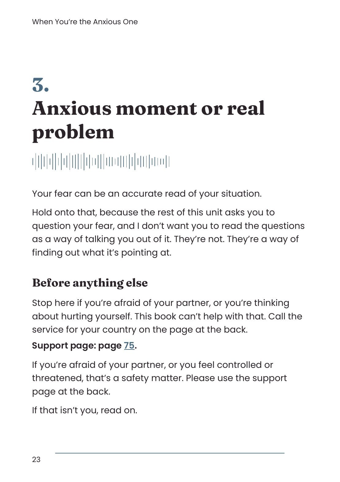 The opening page of unit 3, Anxious moment or real problem, which begins by saying your fear can be an accurate read of your situation.