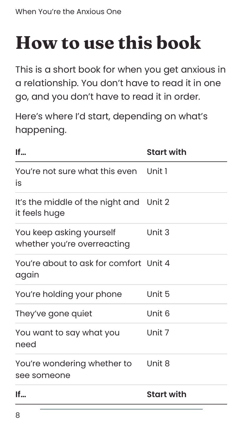 A phone-sized page from the book listing where to start depending on what is happening, such as unit 5 if you are holding your phone.