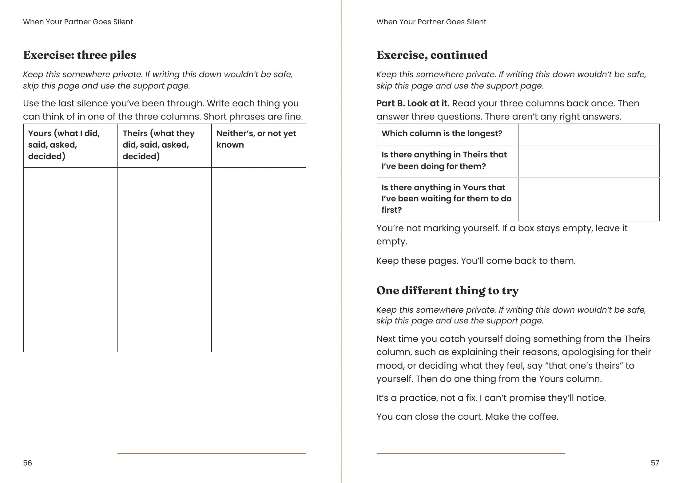 Two facing A5 pages from the book: an exercise with a three-column table to fill in, and a page of questions with one different thing to try.