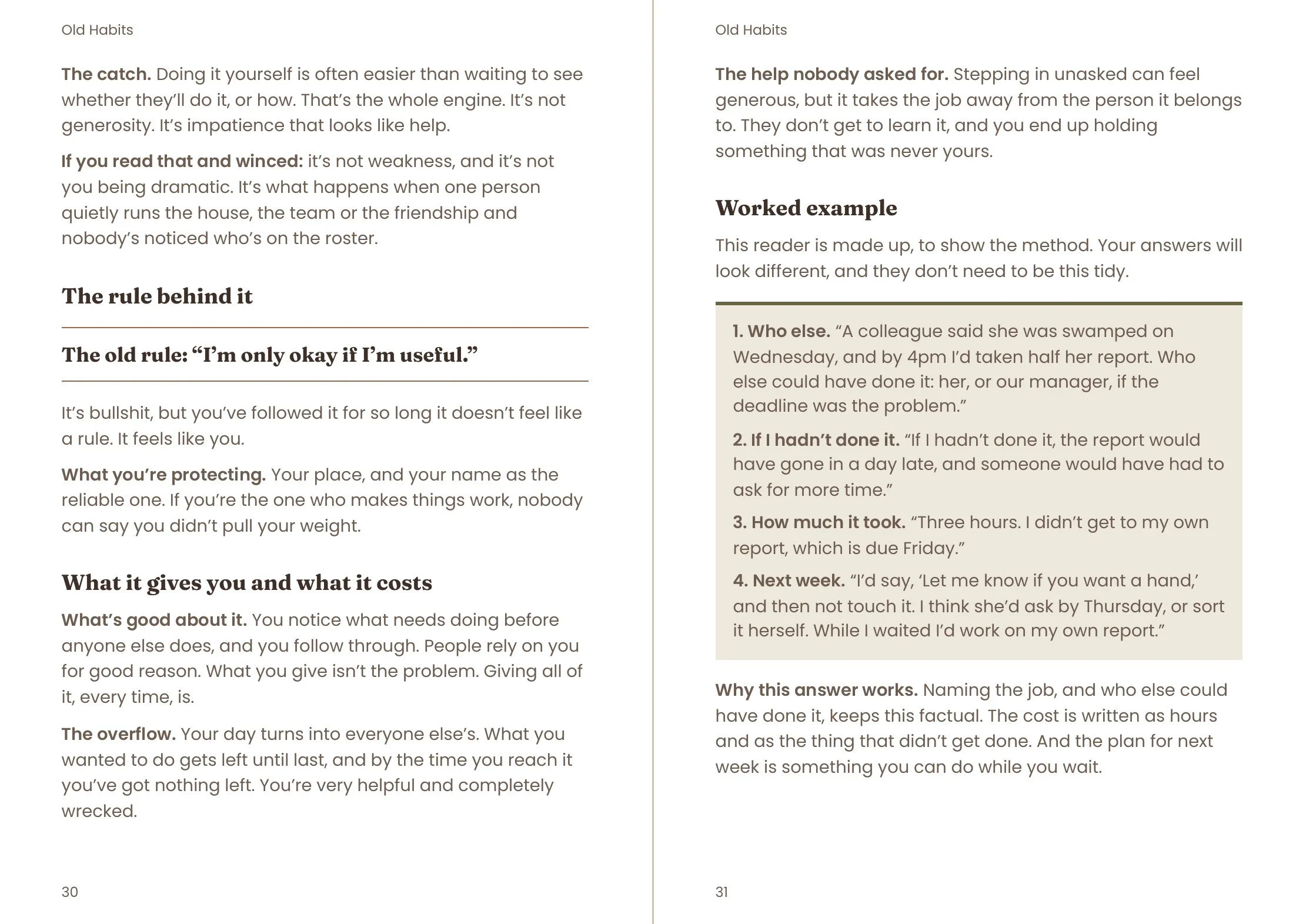 Two facing A5 pages from the chapter Taking on everyone’s load: the end of the chapter text, then a worked example showing a made-up reader’s specific answers.