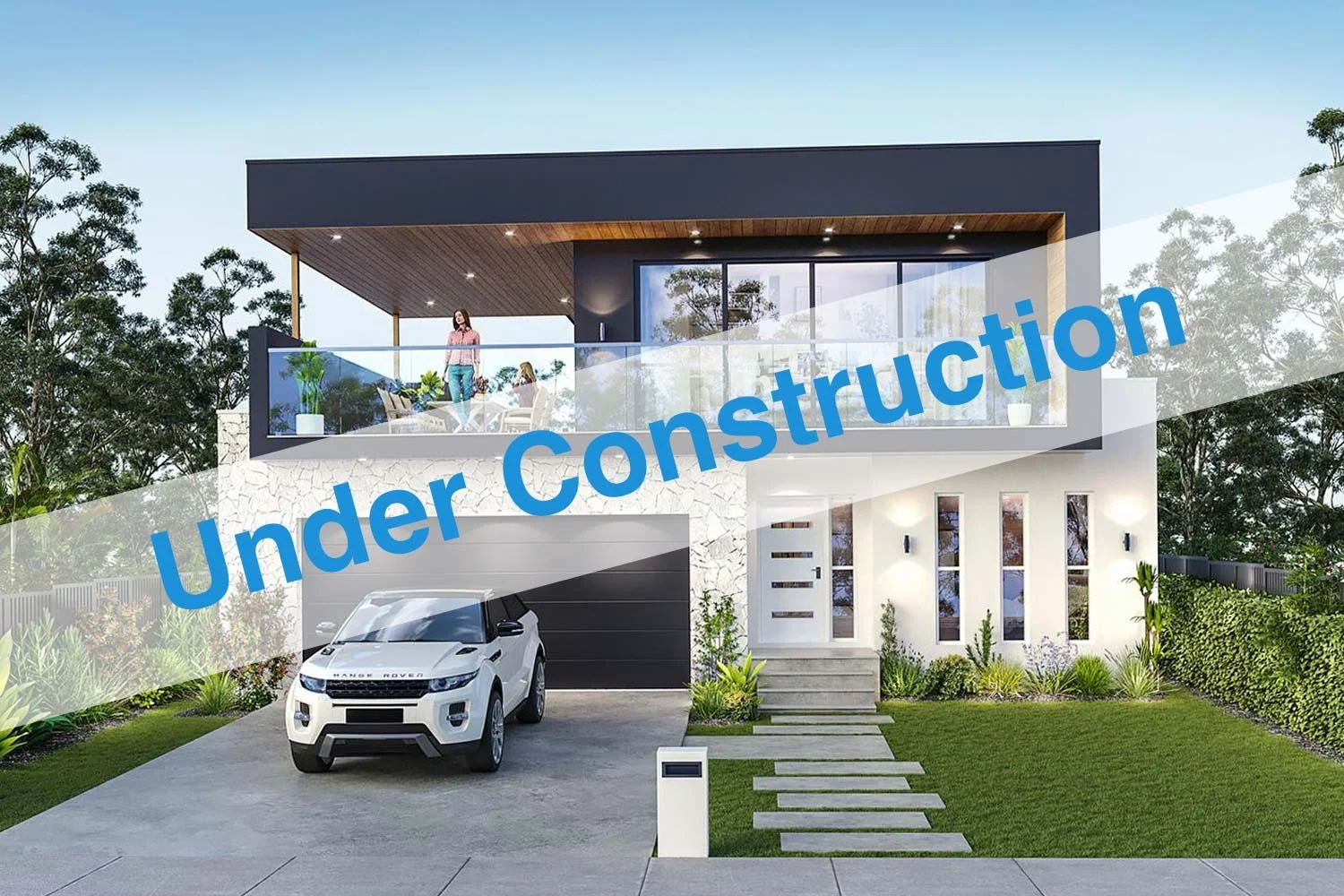Modern house with a white SUV parked in the driveway, a person on the balcony, and a large 'Under Construction' overlay.