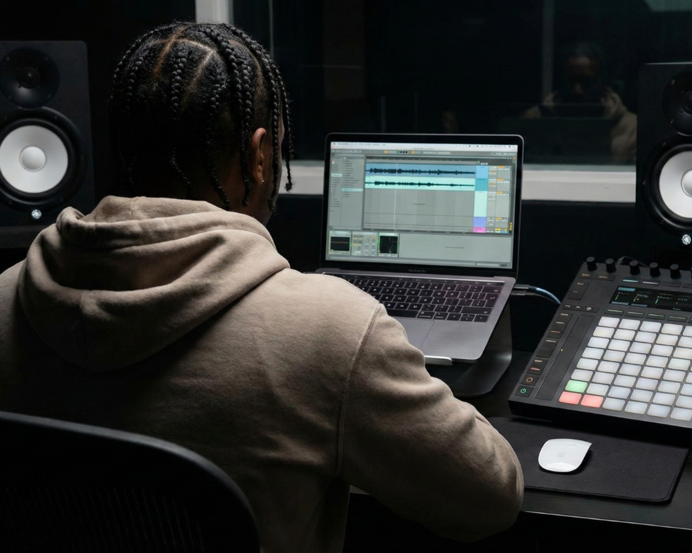 A person with braided hair in a hoodie working on music production on a laptop, surrounded by studio speakers, a MIDI controller, and a computer mouse.